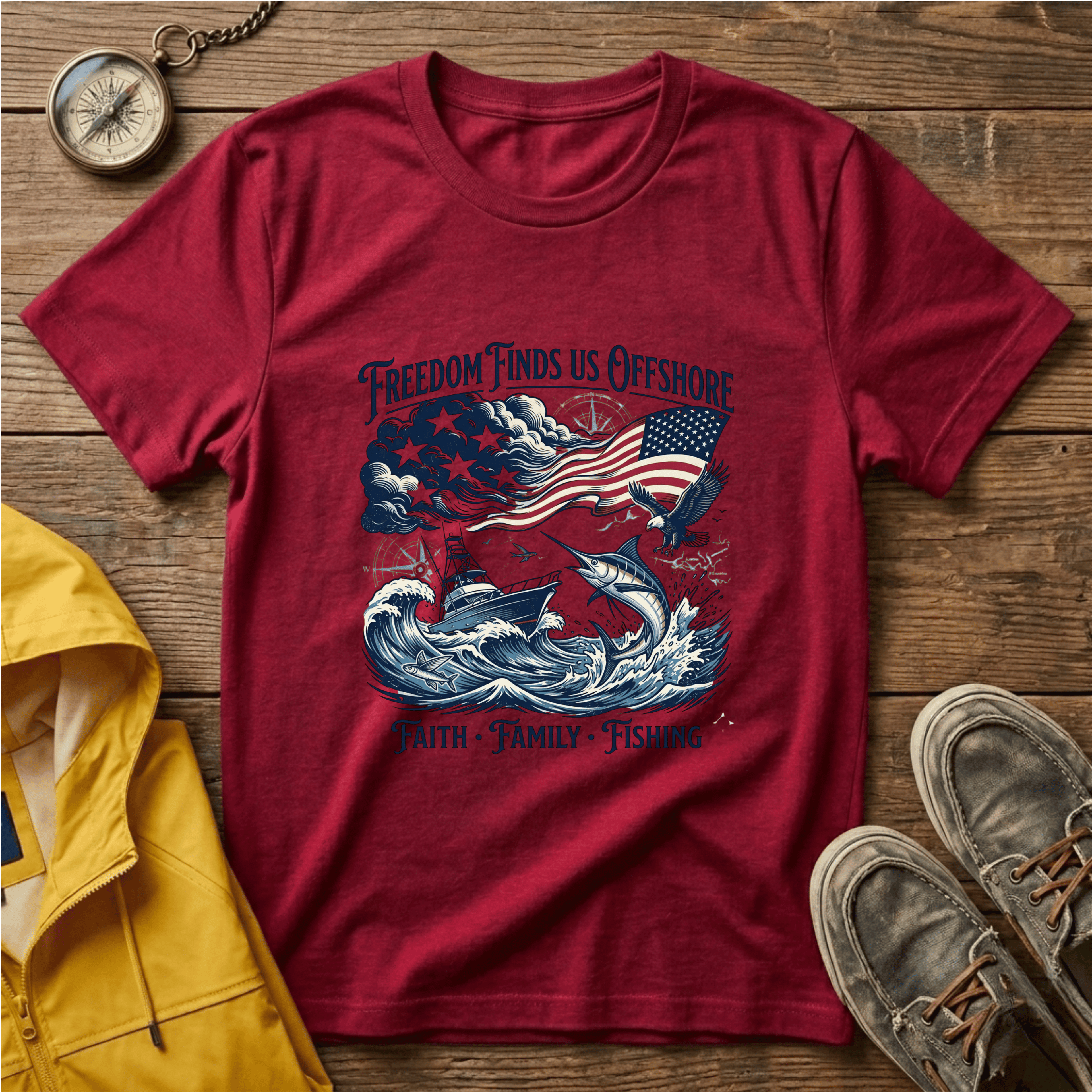 Freedom Finds Us Offshore T-Shirt — Patriotic Fishing Flag Tee