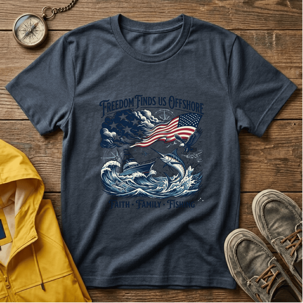 Freedom Finds Us Offshore T-Shirt — Patriotic Fishing Flag Tee