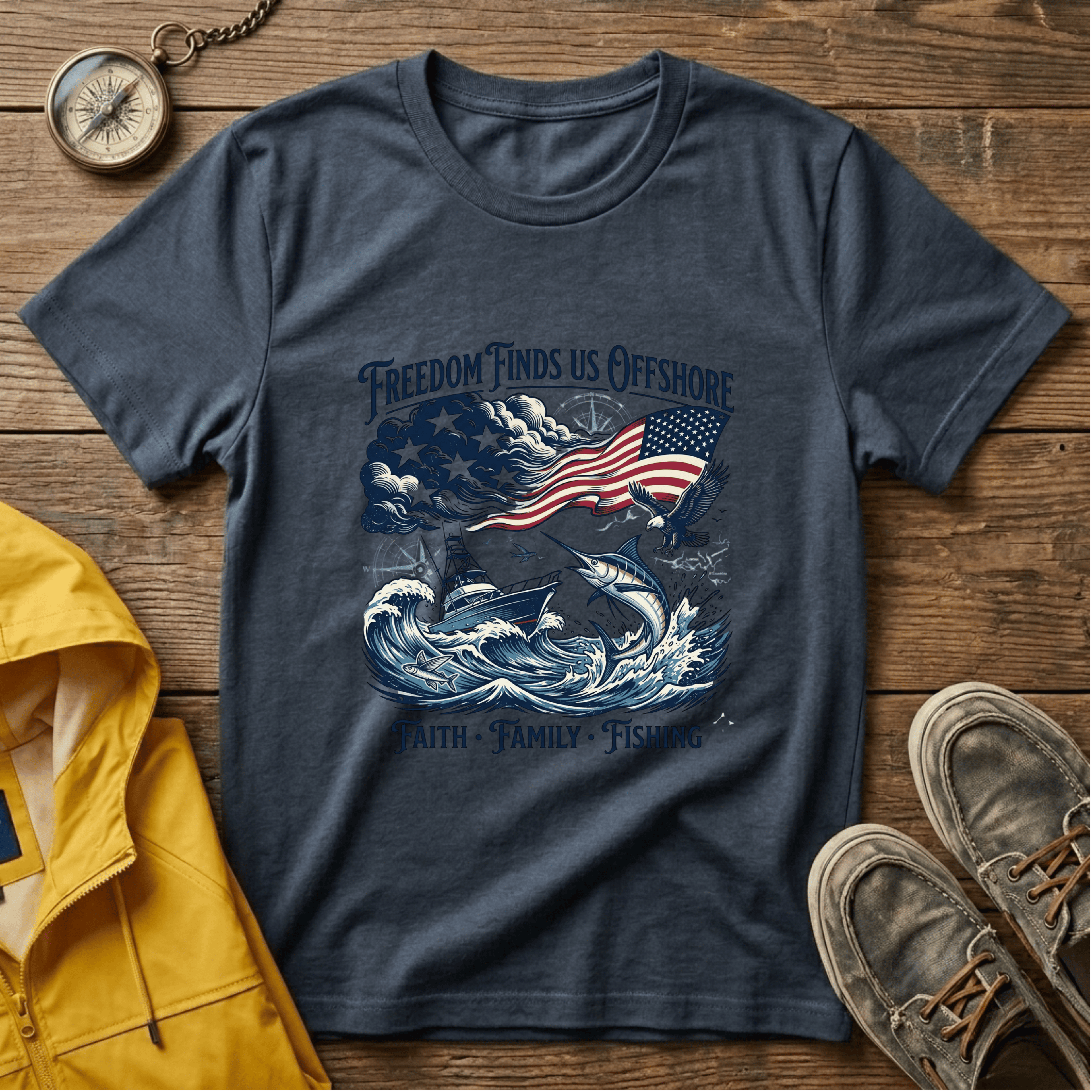 Freedom Finds Us Offshore T-Shirt — Patriotic Fishing Flag Tee