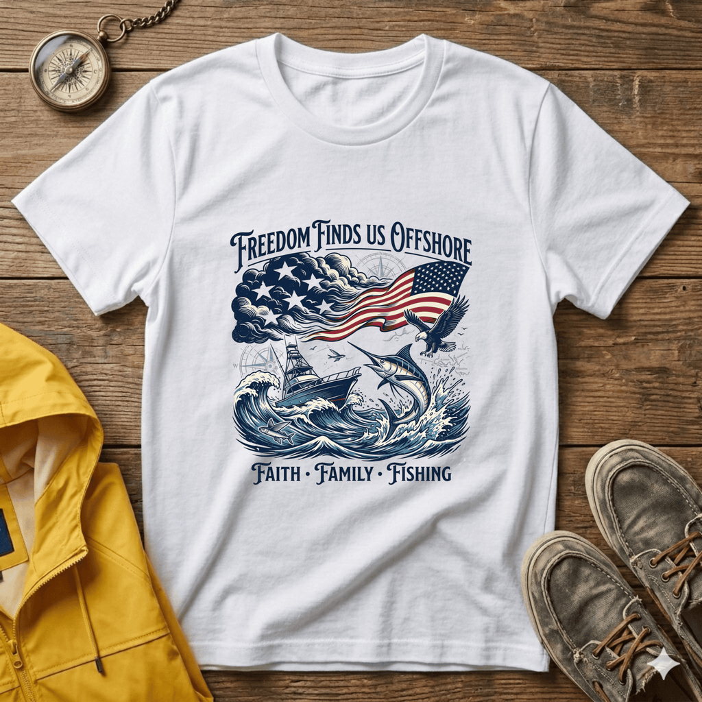 Freedom Finds Us Offshore T-Shirt — Patriotic Fishing Flag Tee