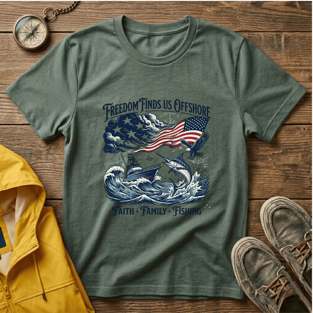 Freedom Finds Us Offshore T-Shirt — Patriotic Fishing Flag Tee