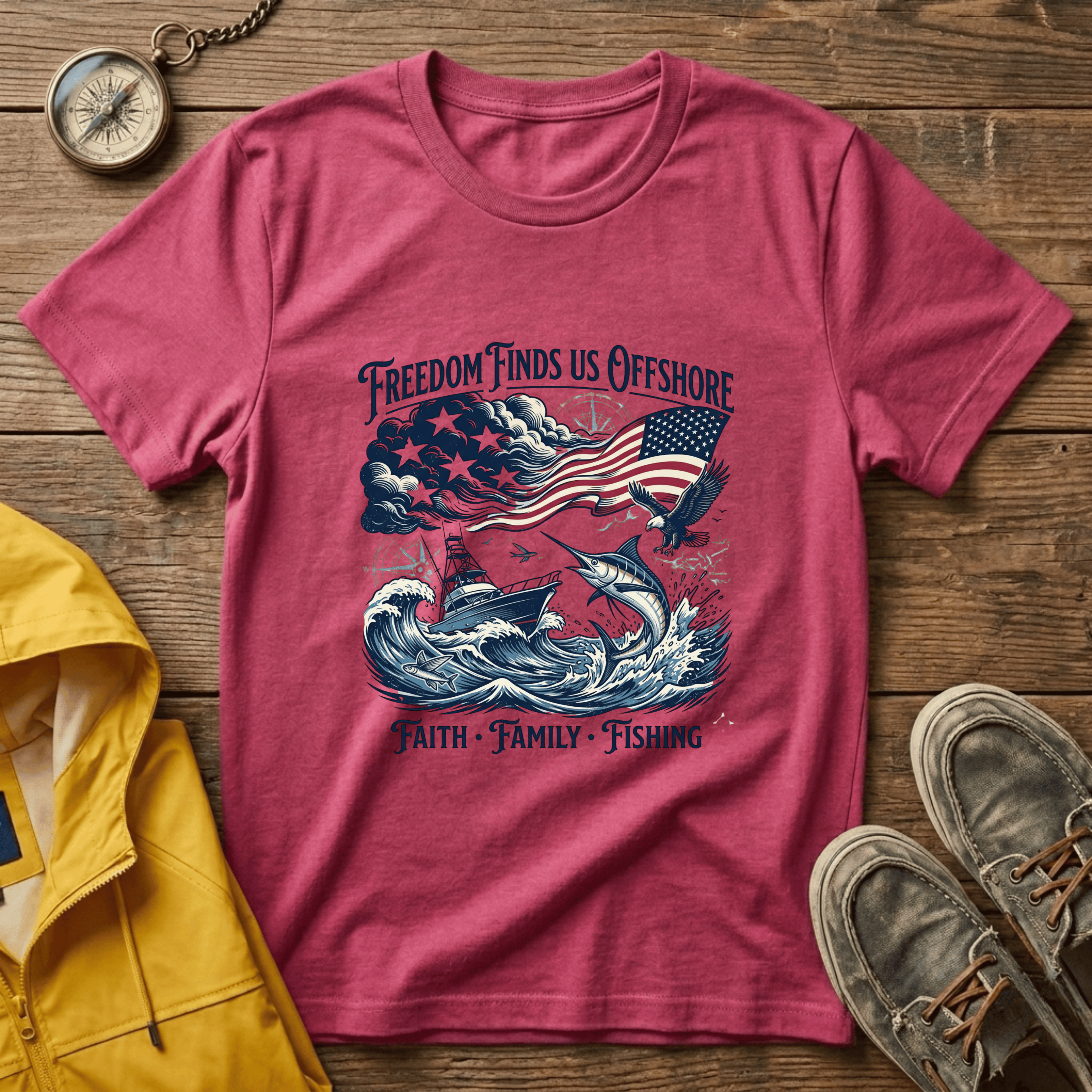 Freedom Finds Us Offshore T-Shirt — Patriotic Fishing Flag Tee