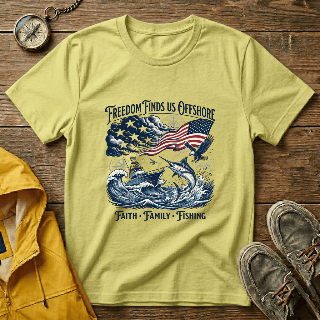 Freedom Finds Us Offshore T-Shirt — Patriotic Fishing Flag Tee