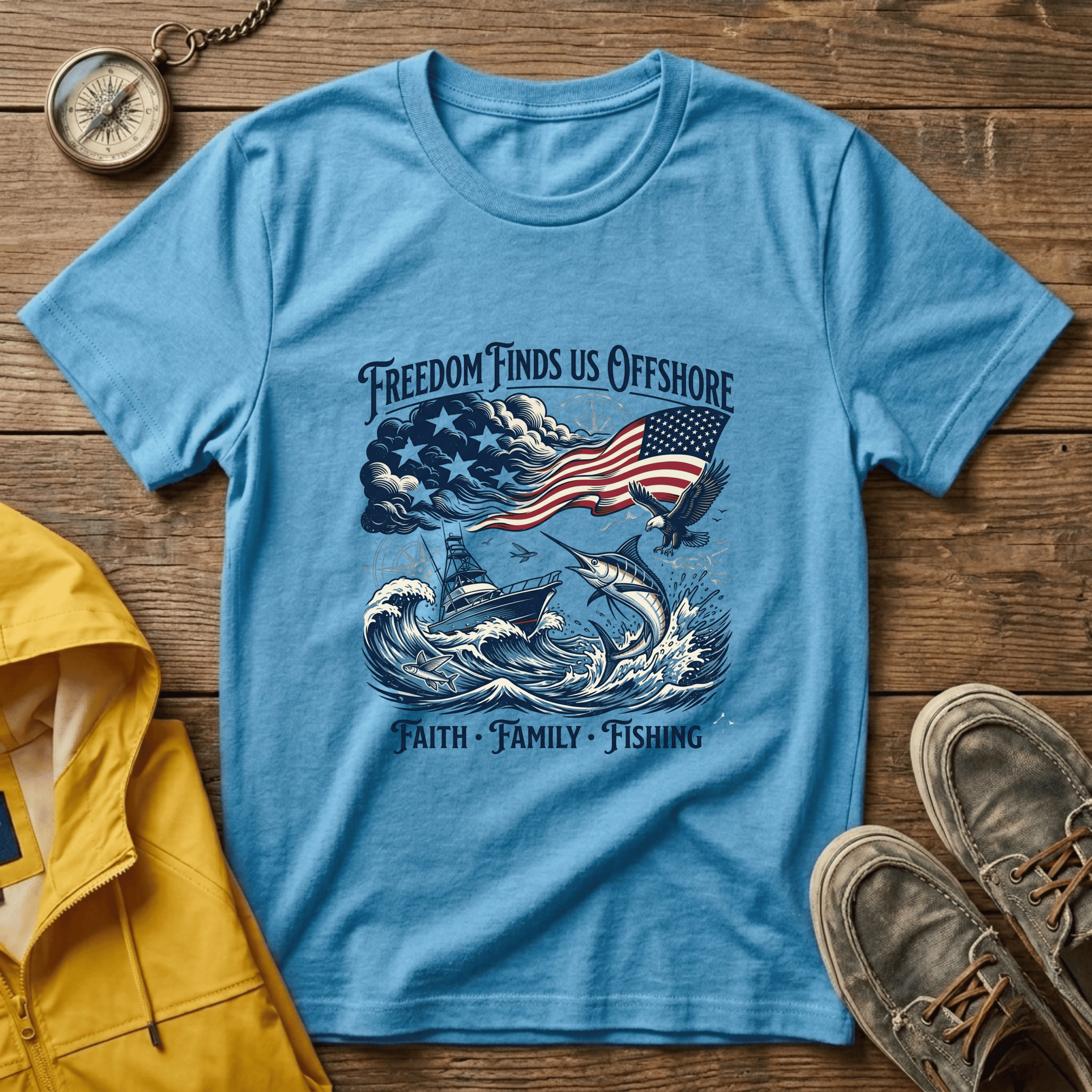 Freedom Finds Us Offshore T-Shirt — Patriotic Fishing Flag Tee