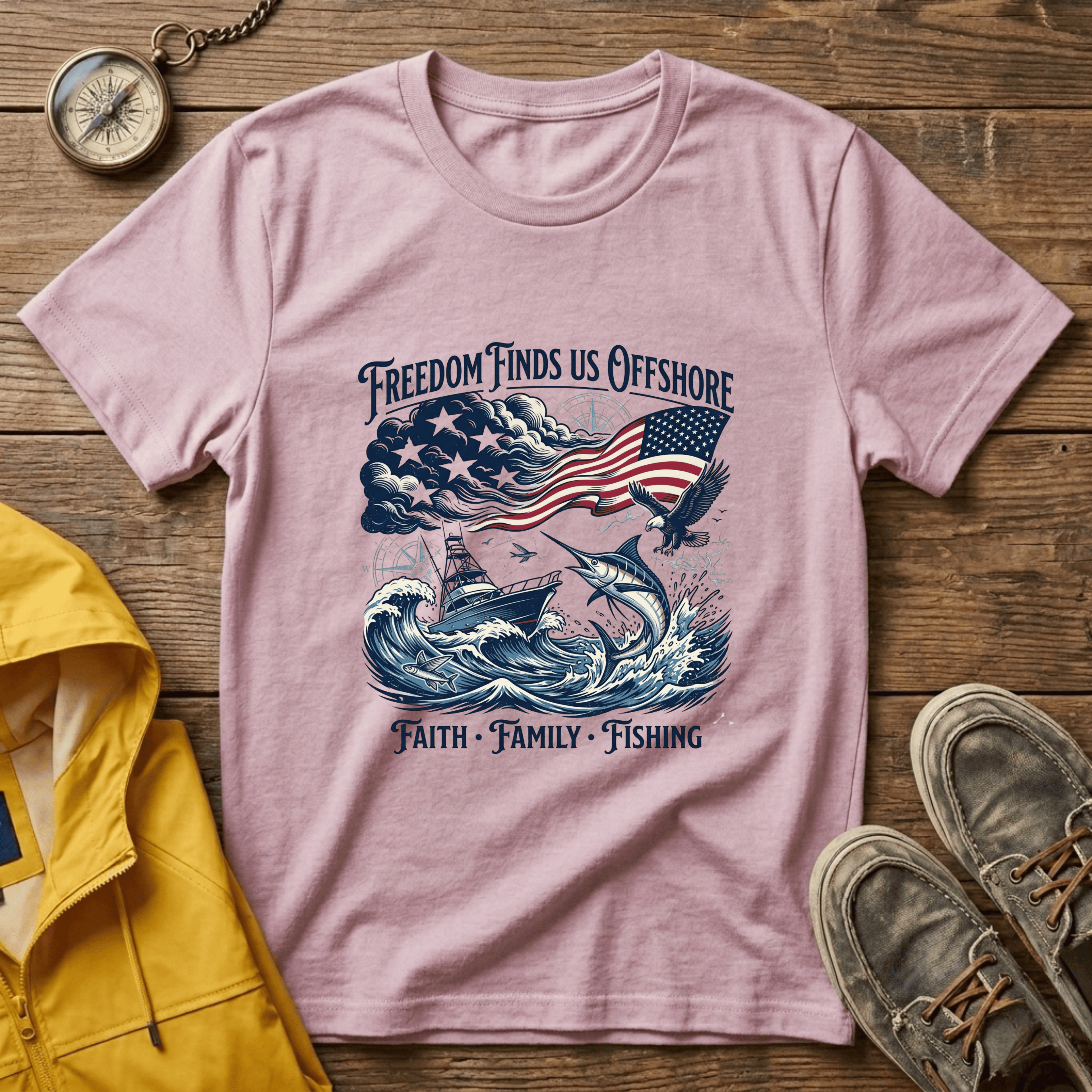 Freedom Finds Us Offshore T-Shirt — Patriotic Fishing Flag Tee