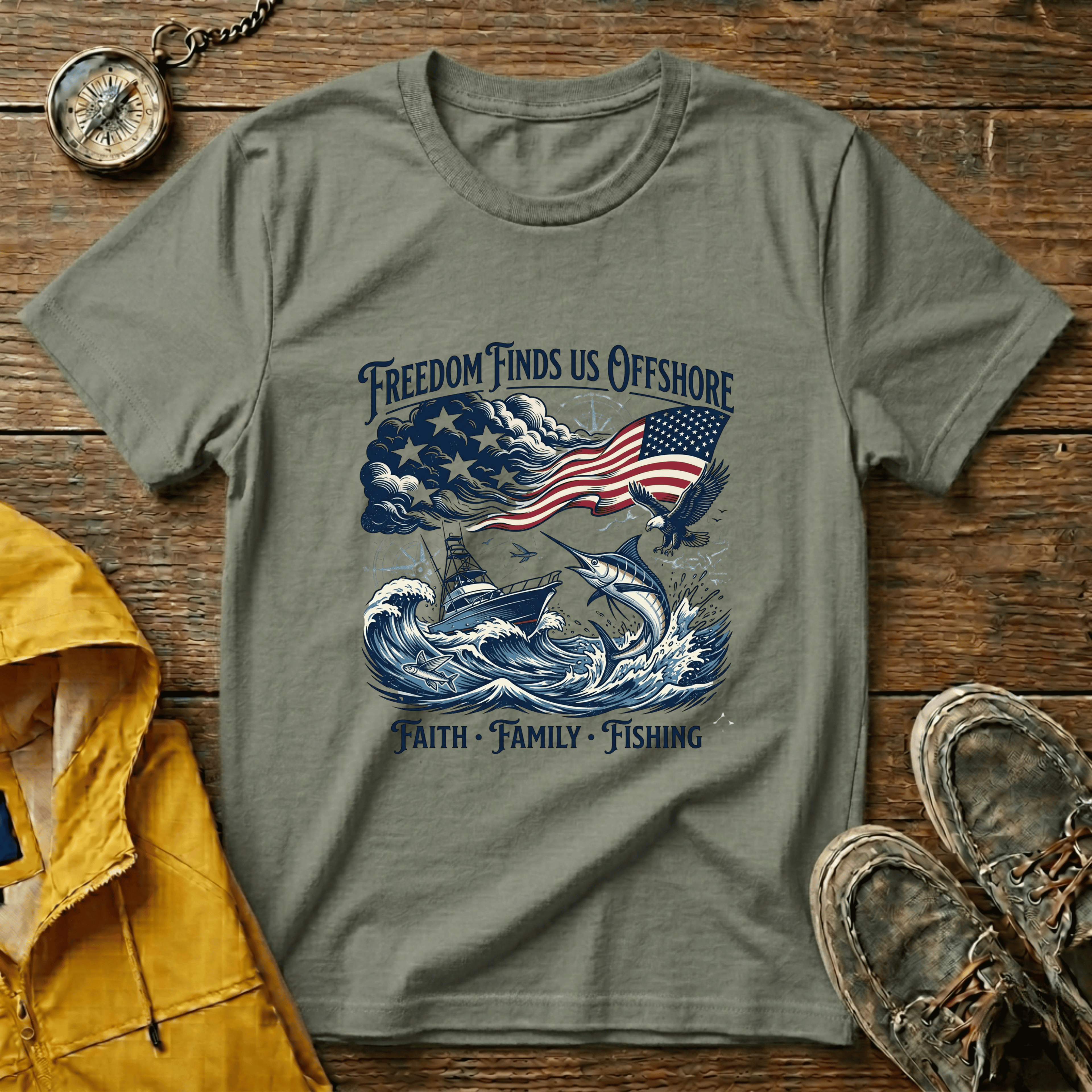 Freedom Finds Us Offshore T-Shirt — Patriotic Fishing Flag Tee