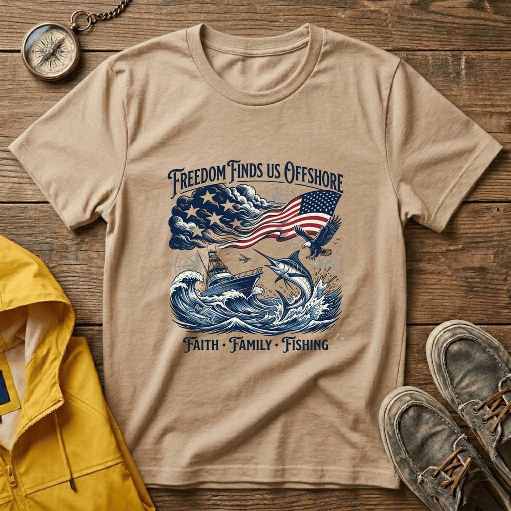 Freedom Finds Us Offshore T-Shirt — Patriotic Fishing Flag Tee