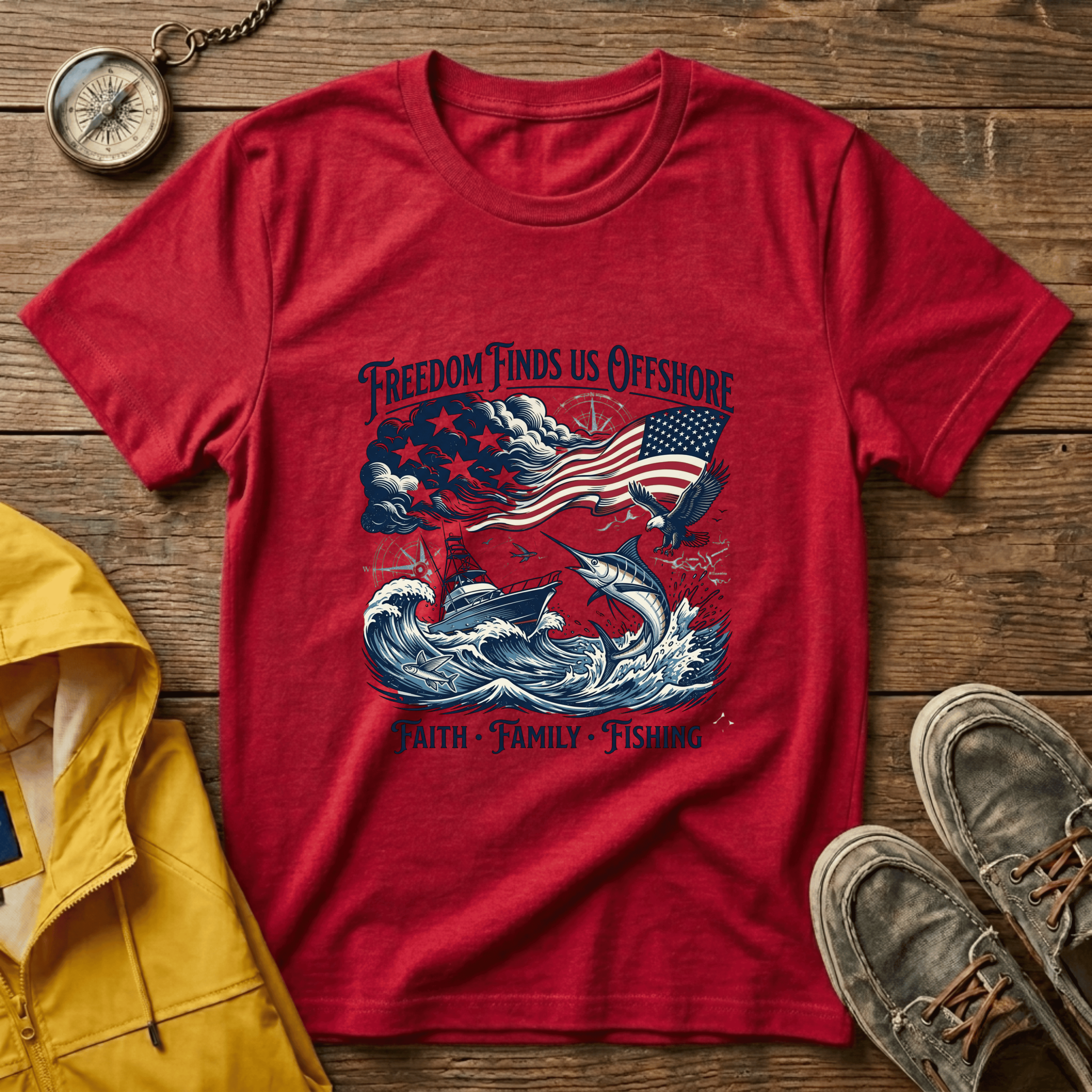 Freedom Finds Us Offshore T-Shirt — Patriotic Fishing Flag Tee