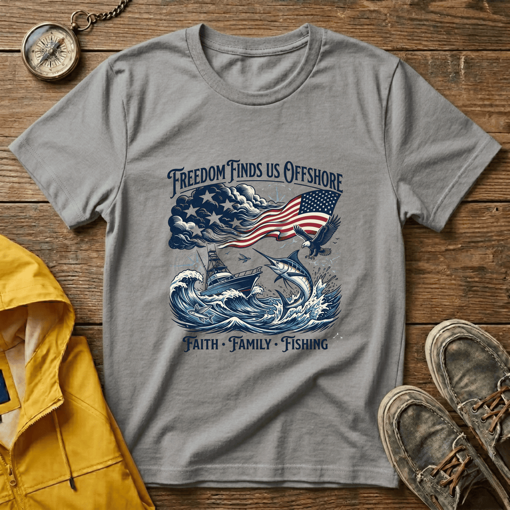 Freedom Finds Us Offshore T-Shirt — Patriotic Fishing Flag Tee