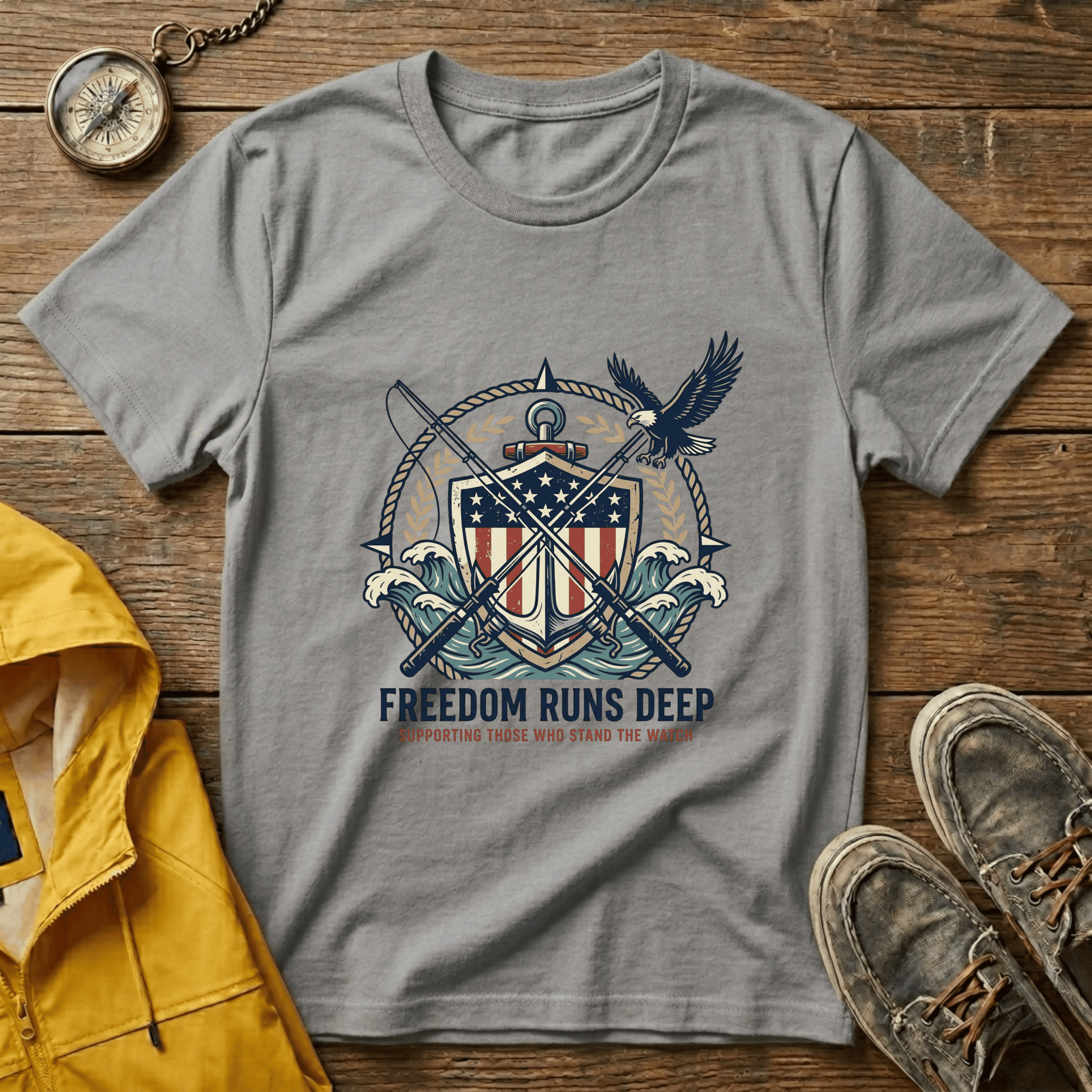 Patriotic Shield T-Shirt — "Freedom Runs Deep" American Eagle Tee