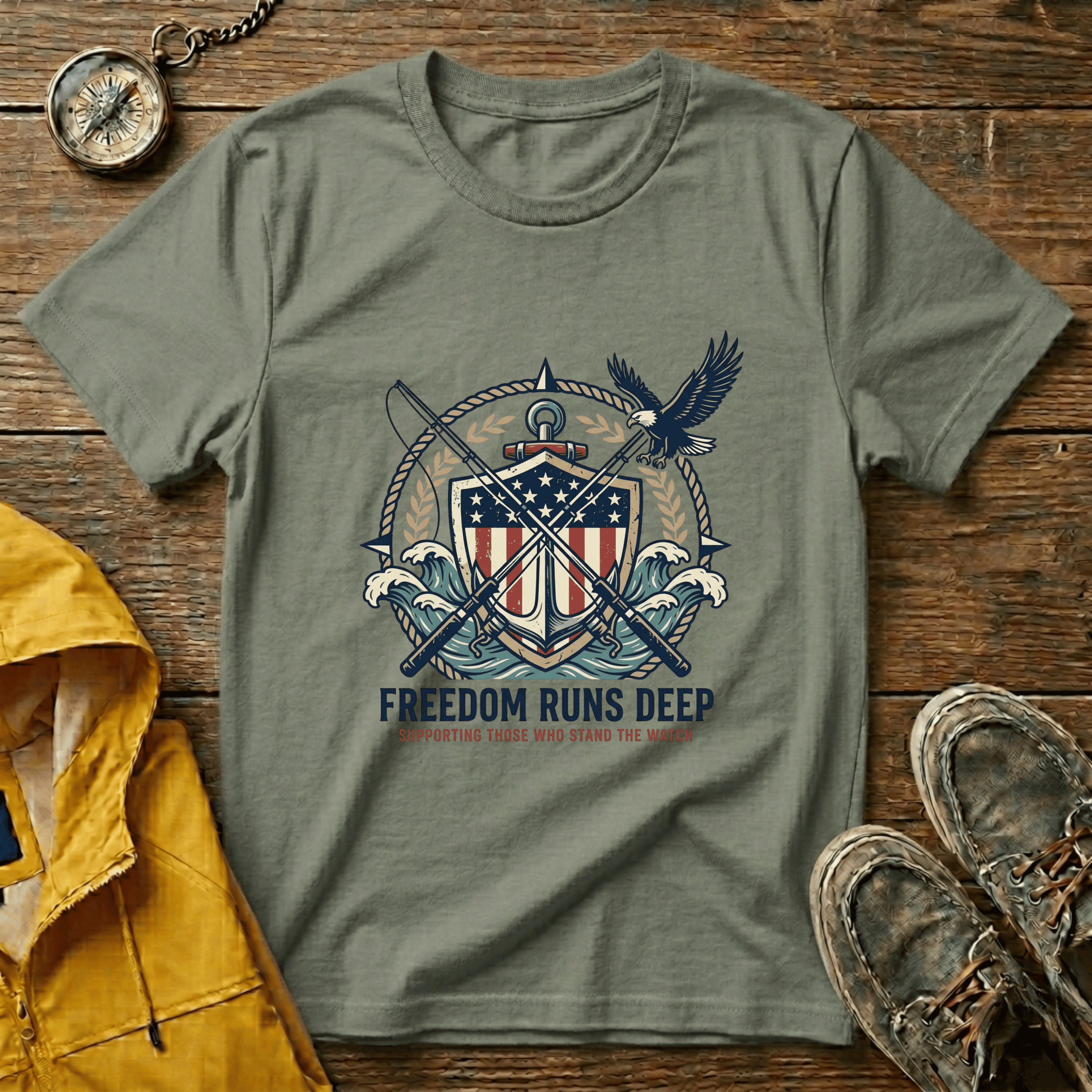 Patriotic Shield T-Shirt — "Freedom Runs Deep" American Eagle Tee