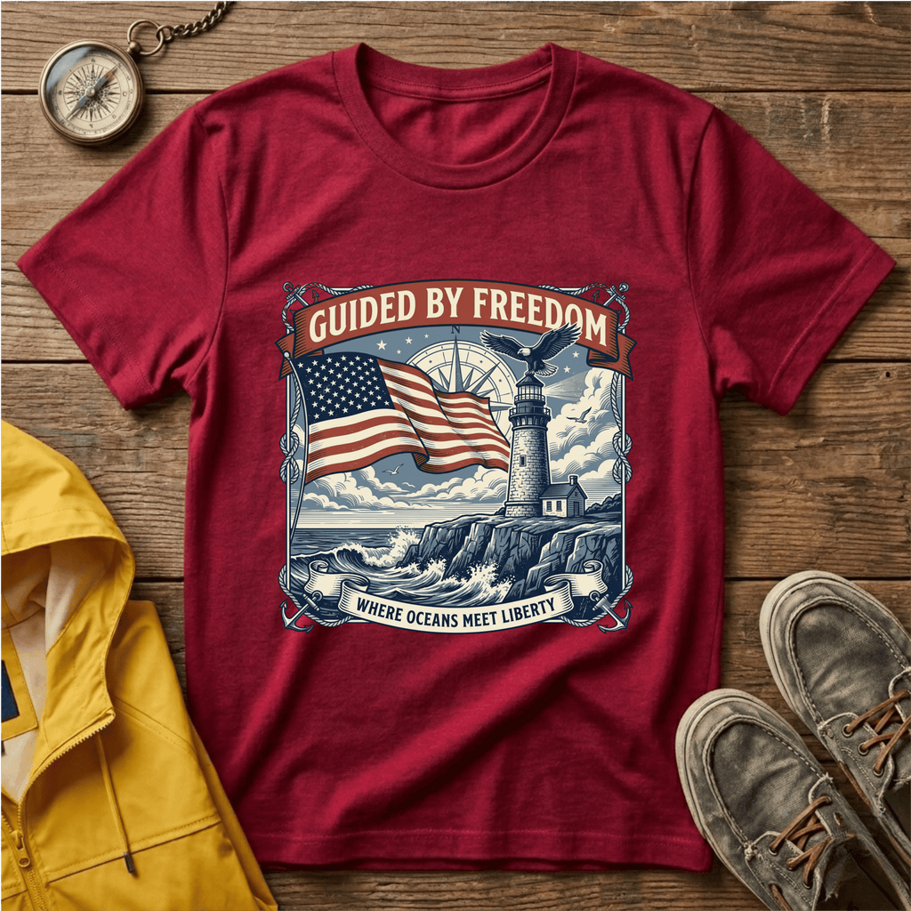 Guided by Freedom T-Shirt — American Flag & Lighthouse Patriotic Tee