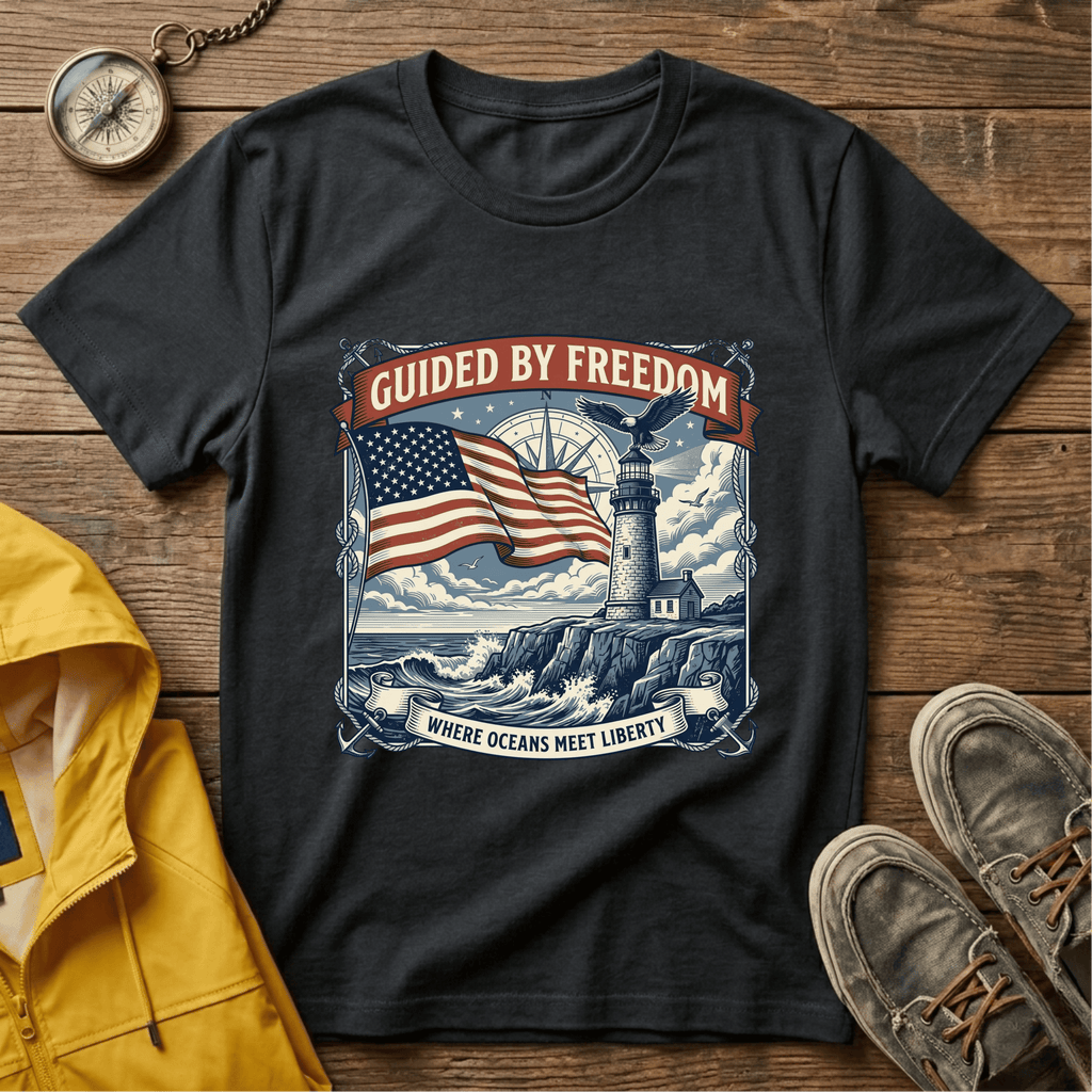 Guided by Freedom T-Shirt — American Flag & Lighthouse Patriotic Tee