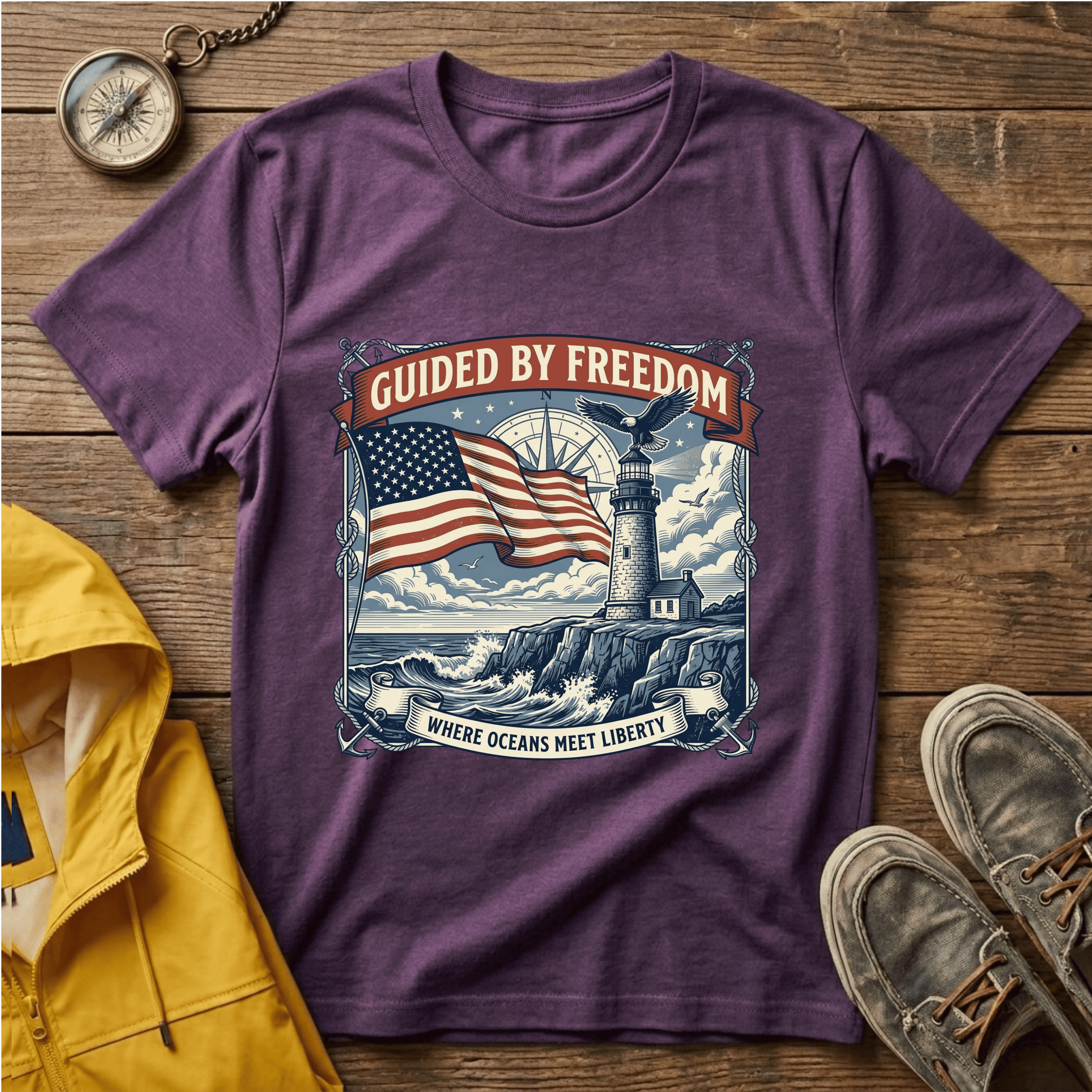 Guided by Freedom T-Shirt — American Flag & Lighthouse Patriotic Tee