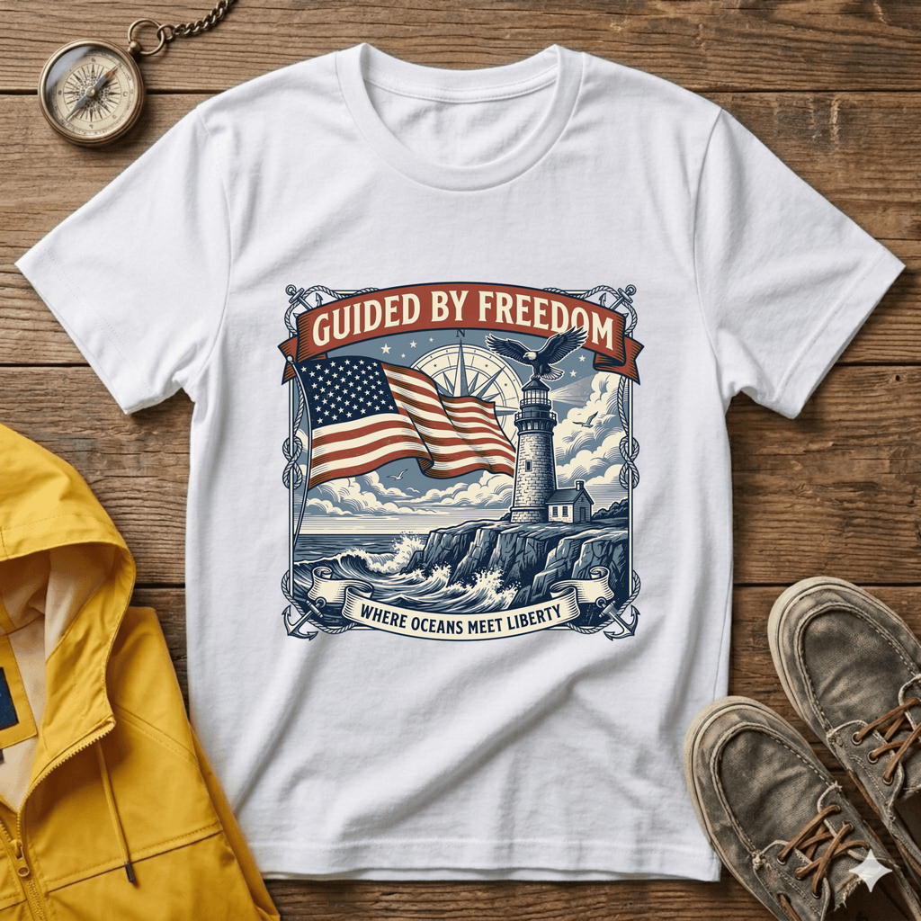 Guided by Freedom T-Shirt — American Flag & Lighthouse Patriotic Tee