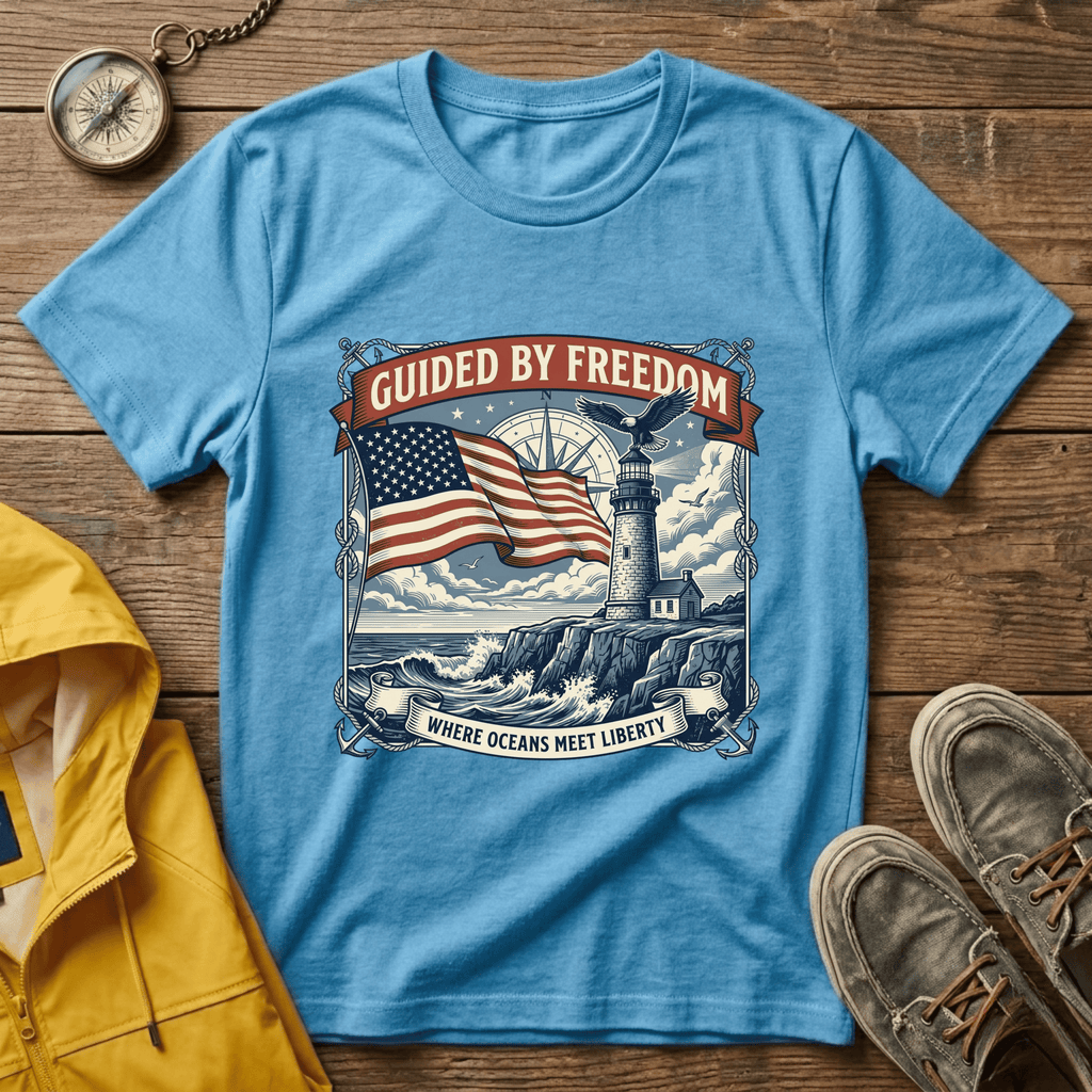 Guided by Freedom T-Shirt — American Flag & Lighthouse Patriotic Tee