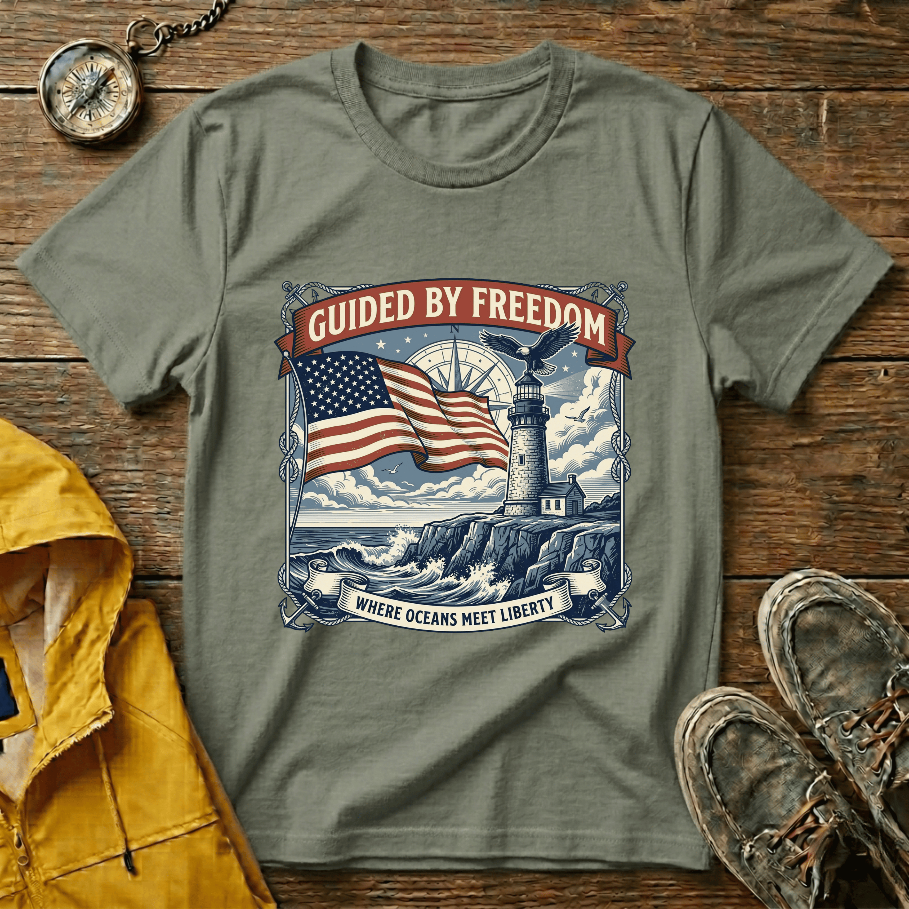 Guided by Freedom T-Shirt — American Flag & Lighthouse Patriotic Tee