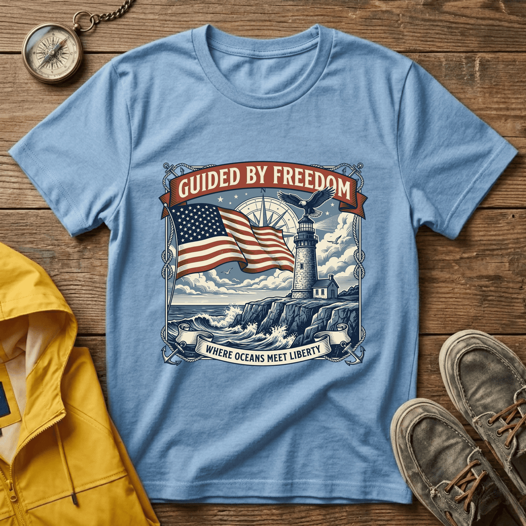 Guided by Freedom T-Shirt — American Flag & Lighthouse Patriotic Tee