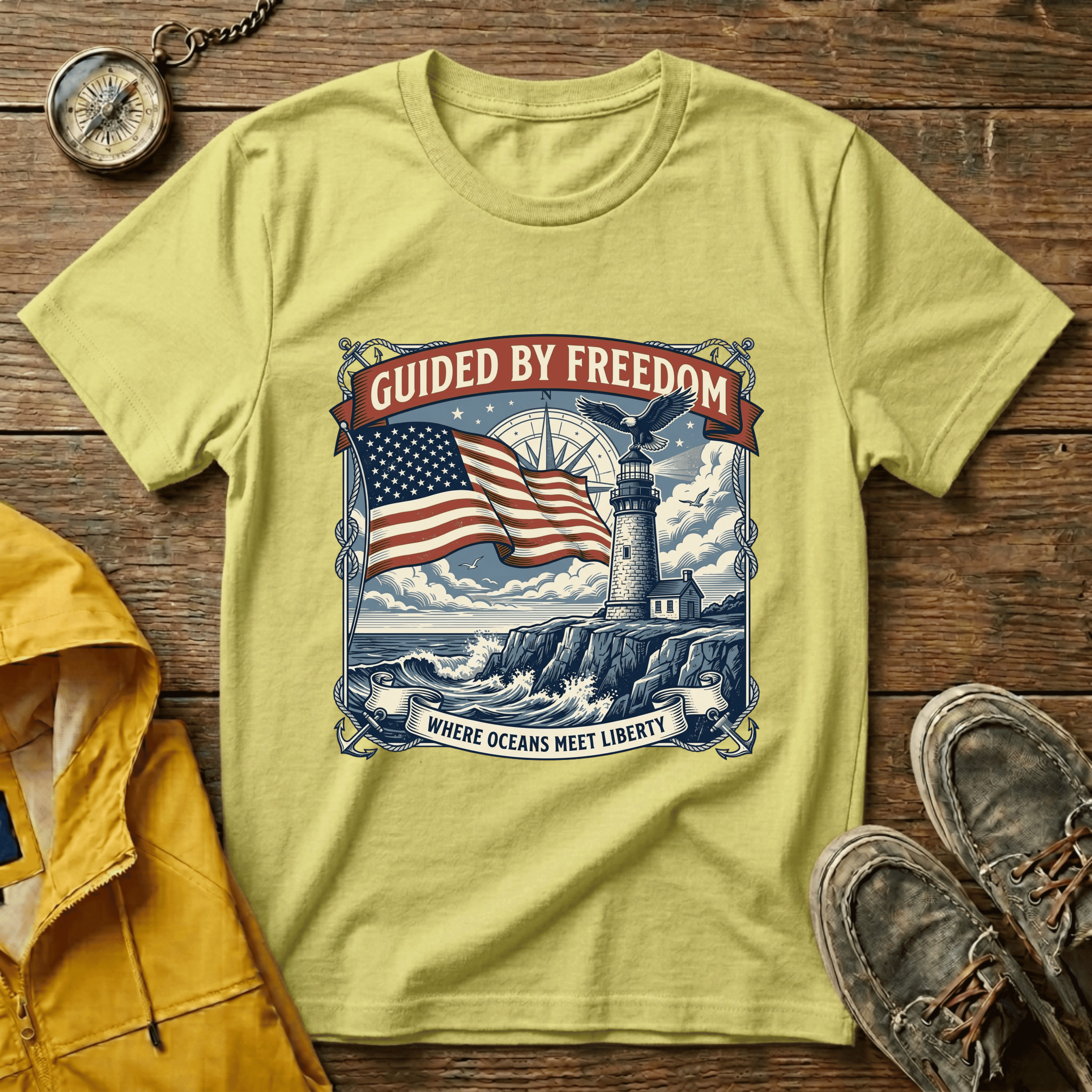 Guided by Freedom T-Shirt — American Flag & Lighthouse Patriotic Tee