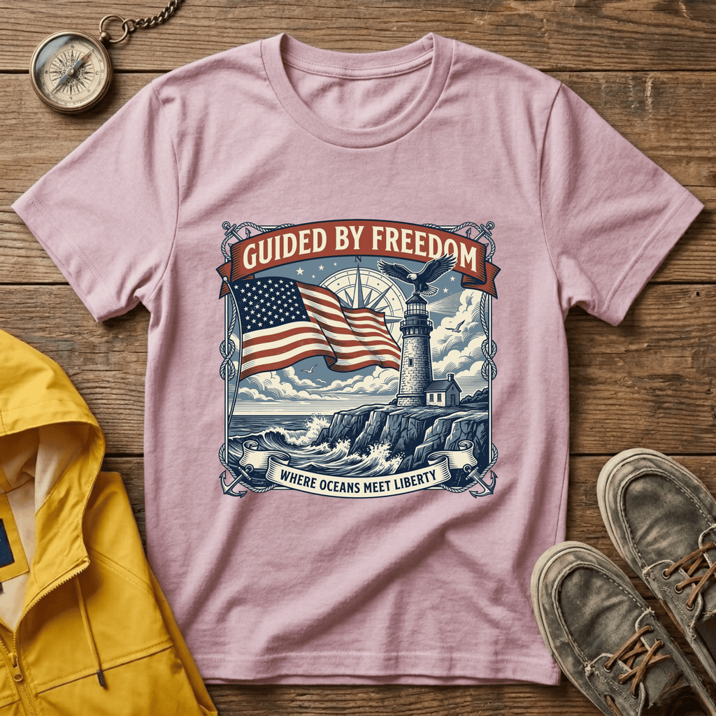 Guided by Freedom T-Shirt — American Flag & Lighthouse Patriotic Tee