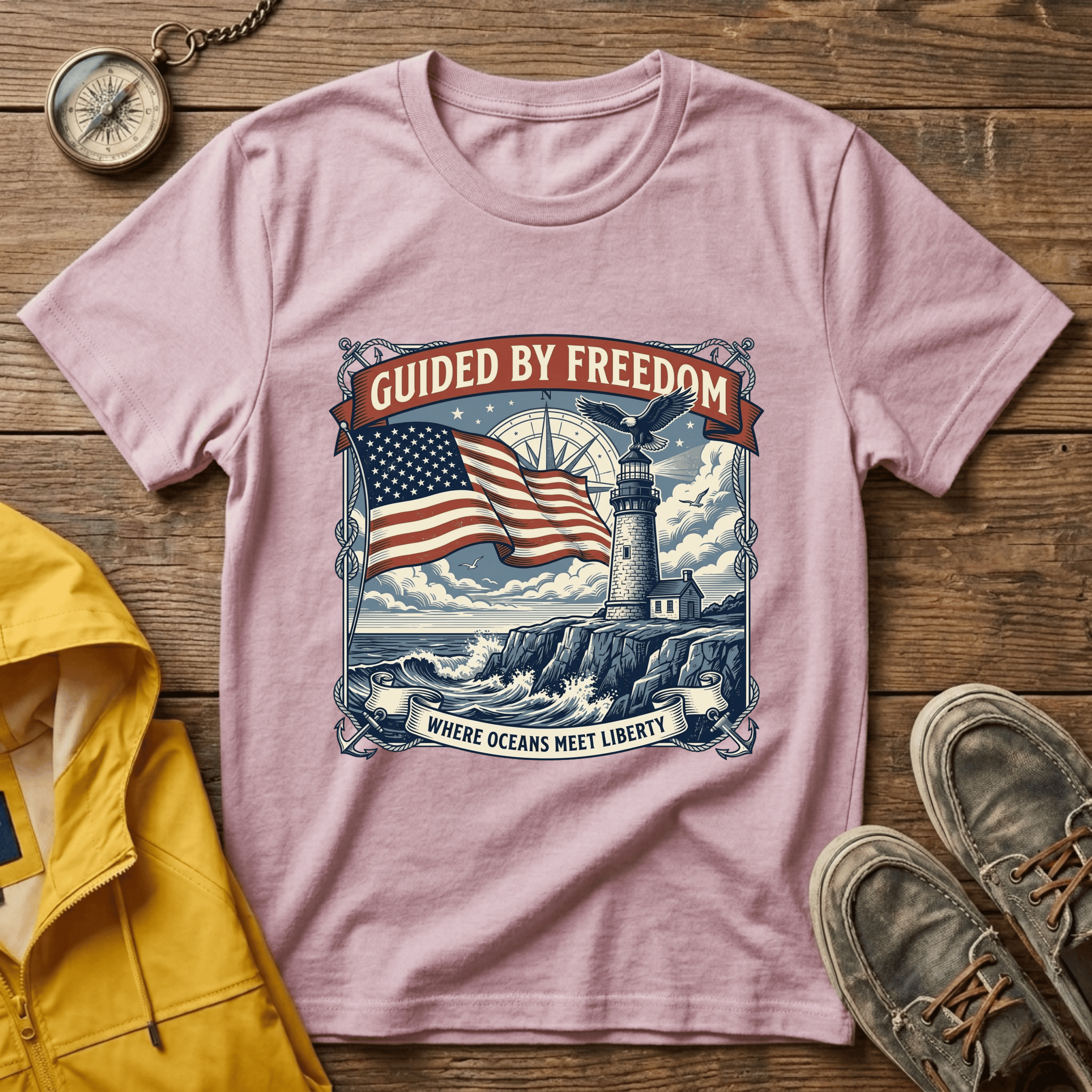 Guided by Freedom T-Shirt — American Flag & Lighthouse Patriotic Tee