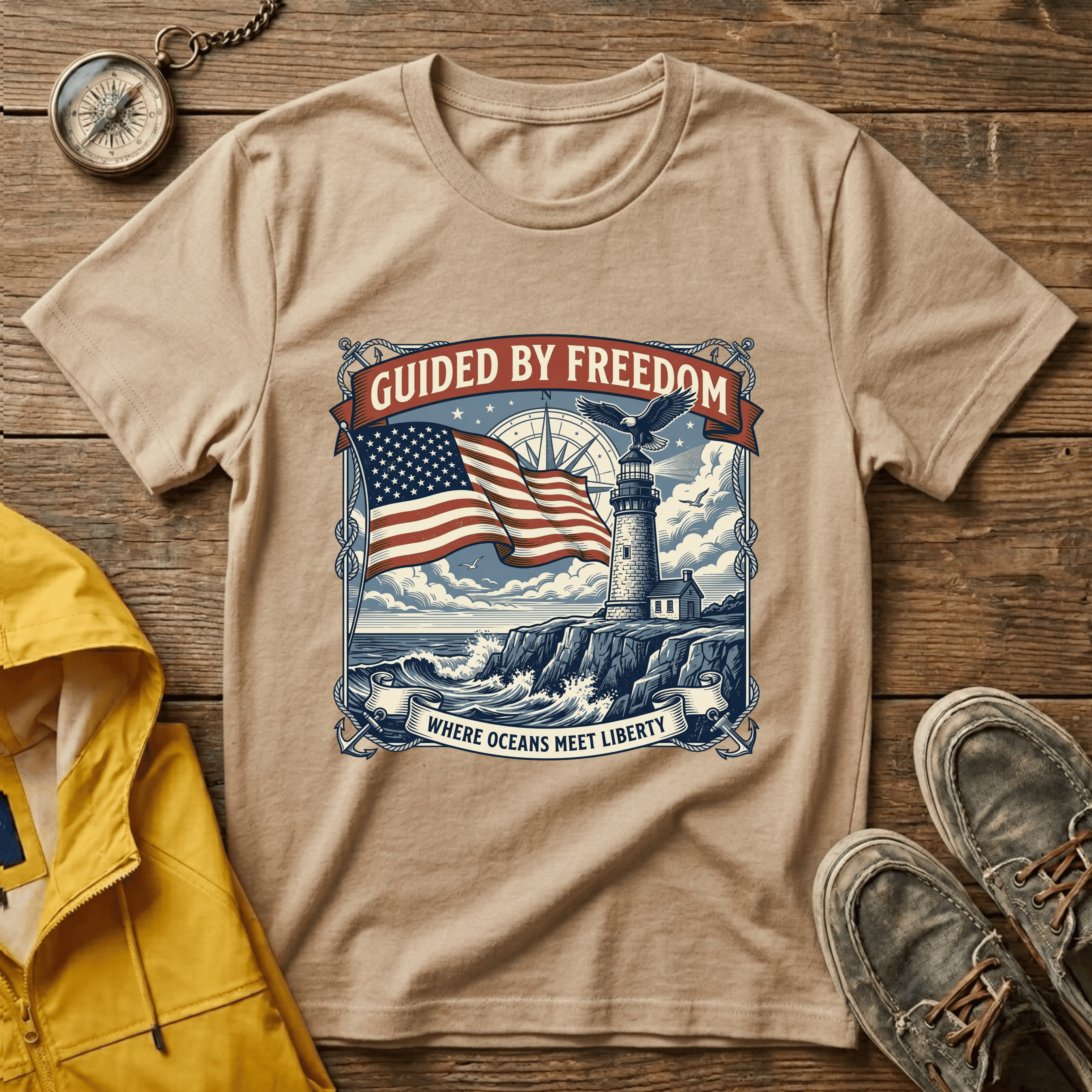 Guided by Freedom T-Shirt — American Flag & Lighthouse Patriotic Tee