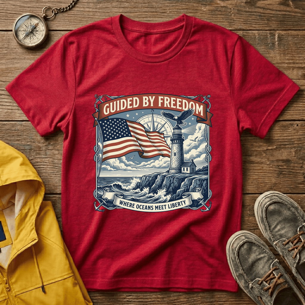 Guided by Freedom T-Shirt — American Flag & Lighthouse Patriotic Tee