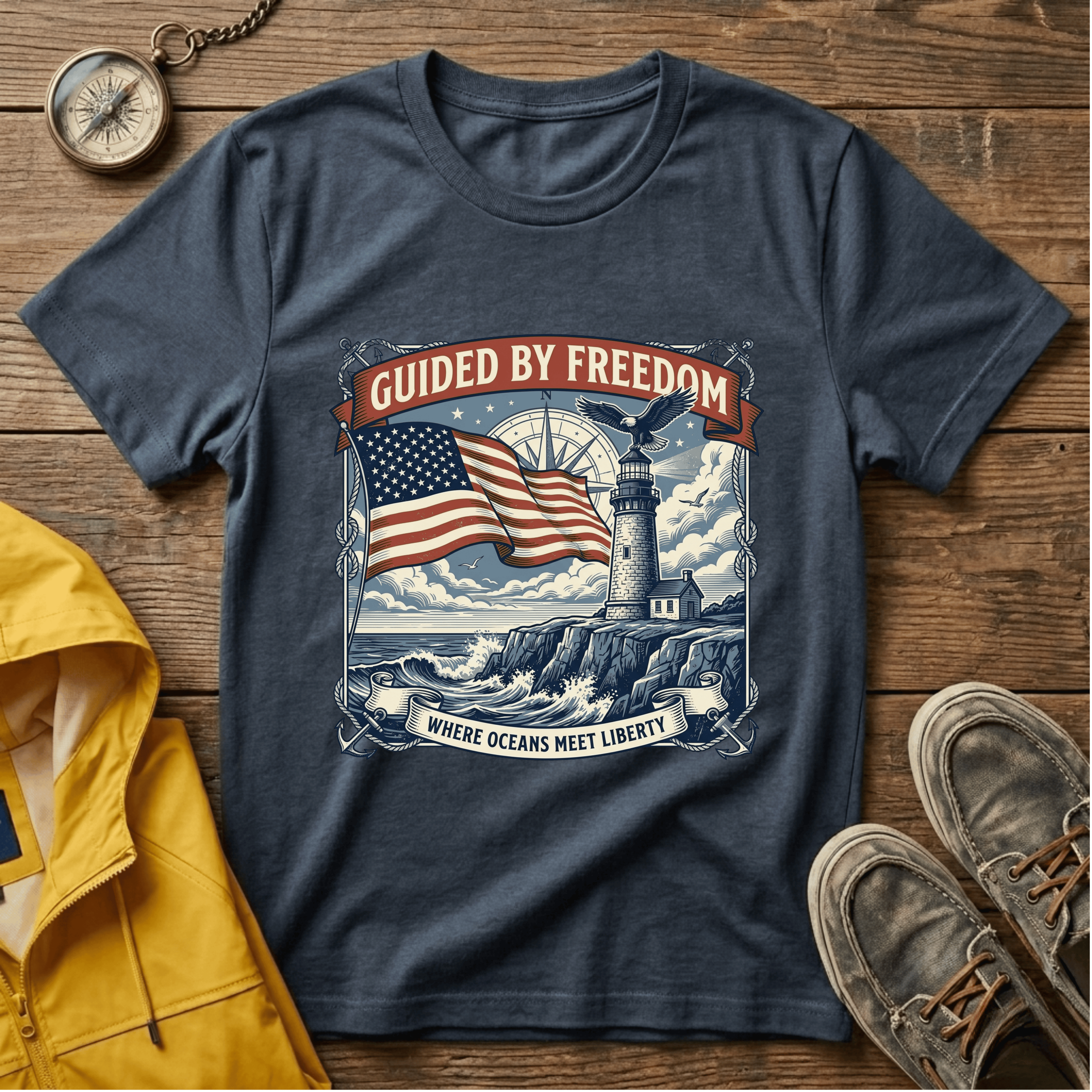 Guided by Freedom T-Shirt — American Flag & Lighthouse Patriotic Tee