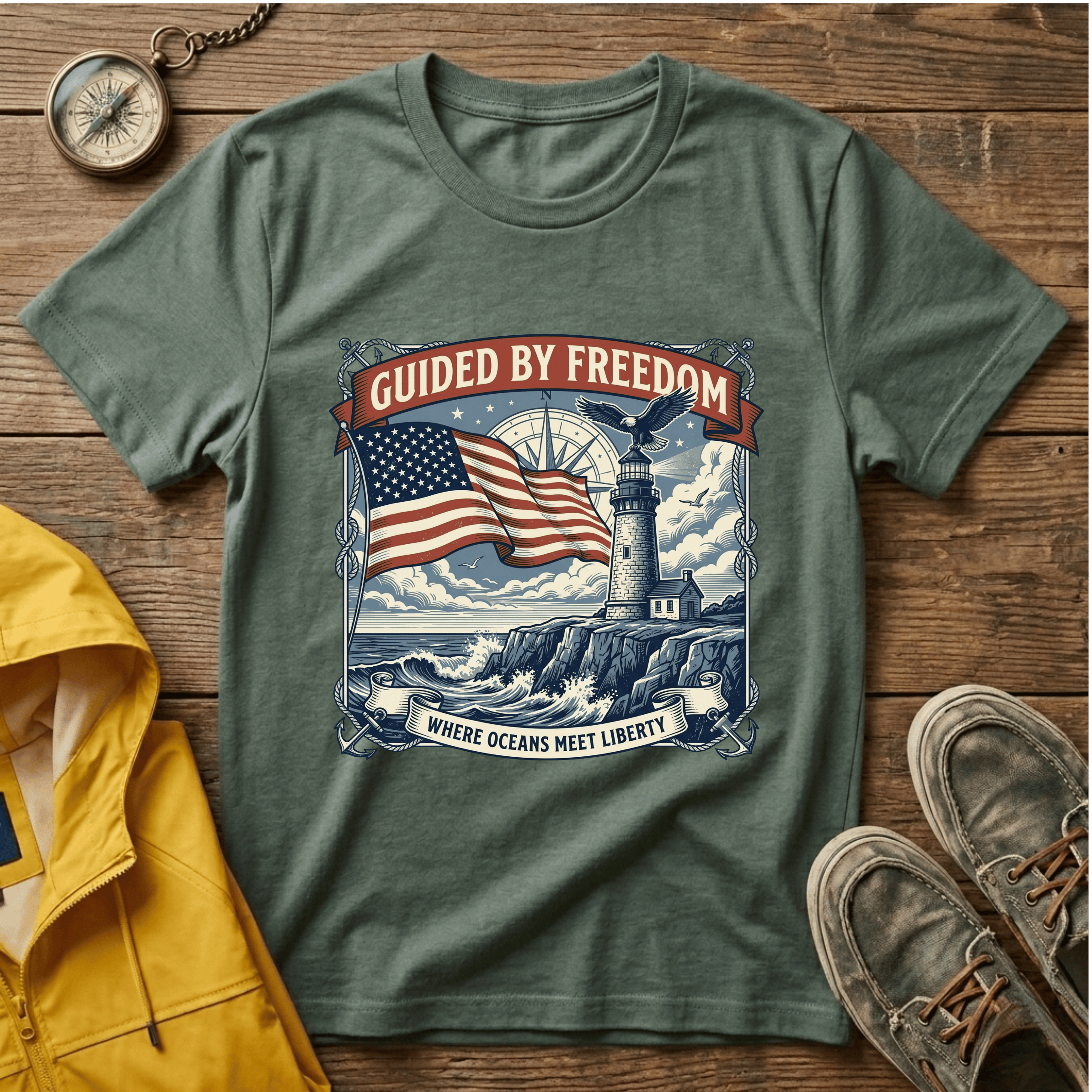 Guided by Freedom T-Shirt — American Flag & Lighthouse Patriotic Tee
