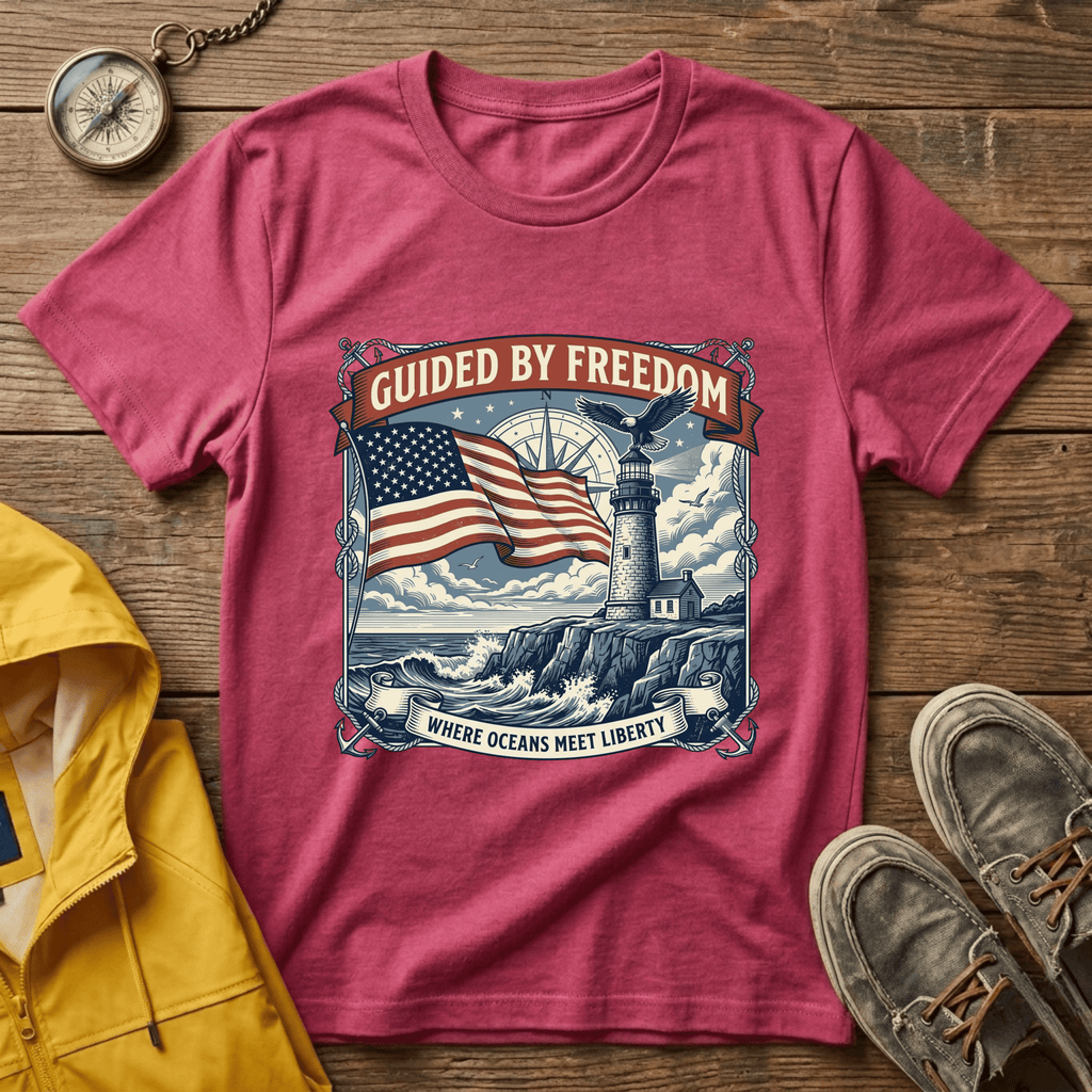 Guided by Freedom T-Shirt — American Flag & Lighthouse Patriotic Tee