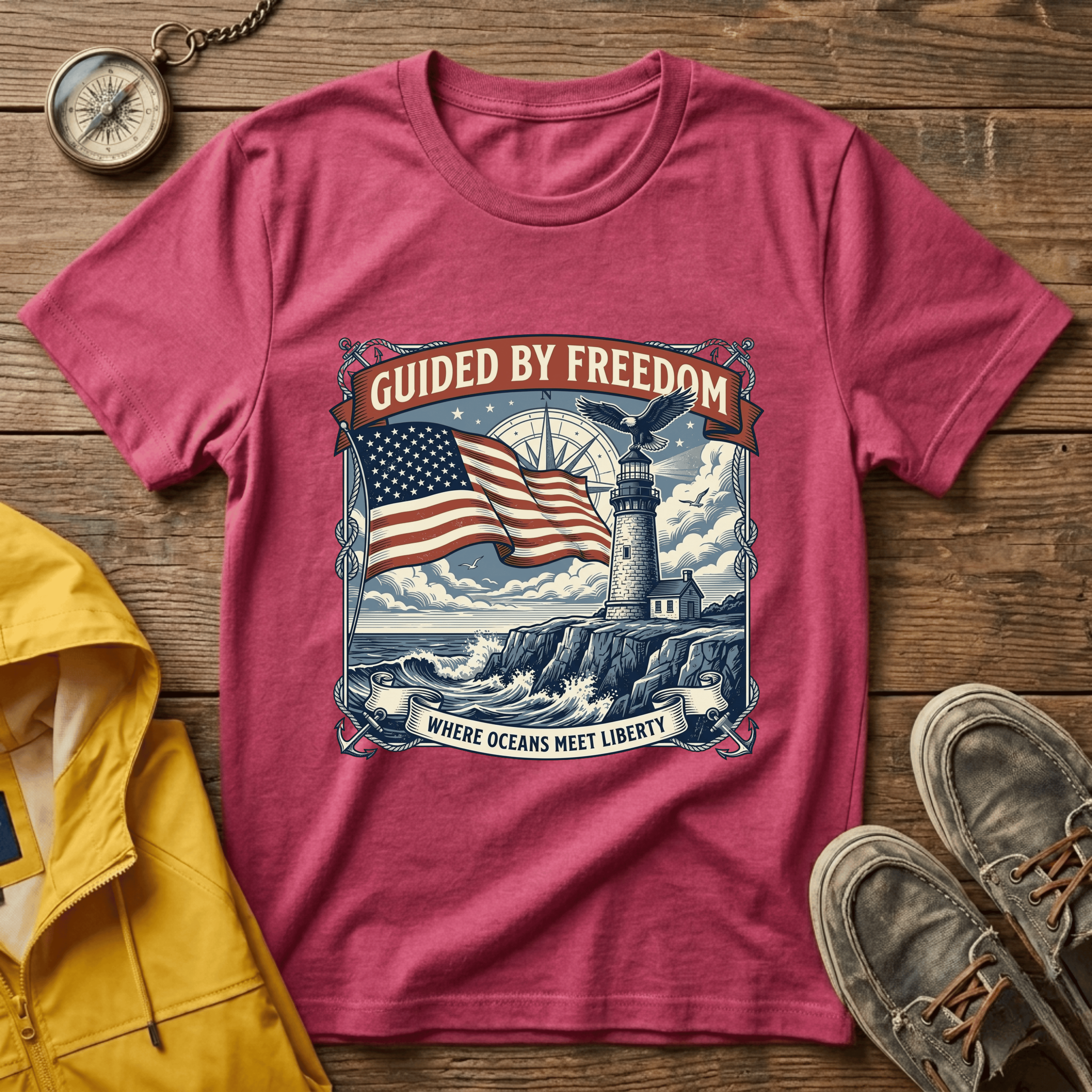 Guided by Freedom T-Shirt — American Flag & Lighthouse Patriotic Tee