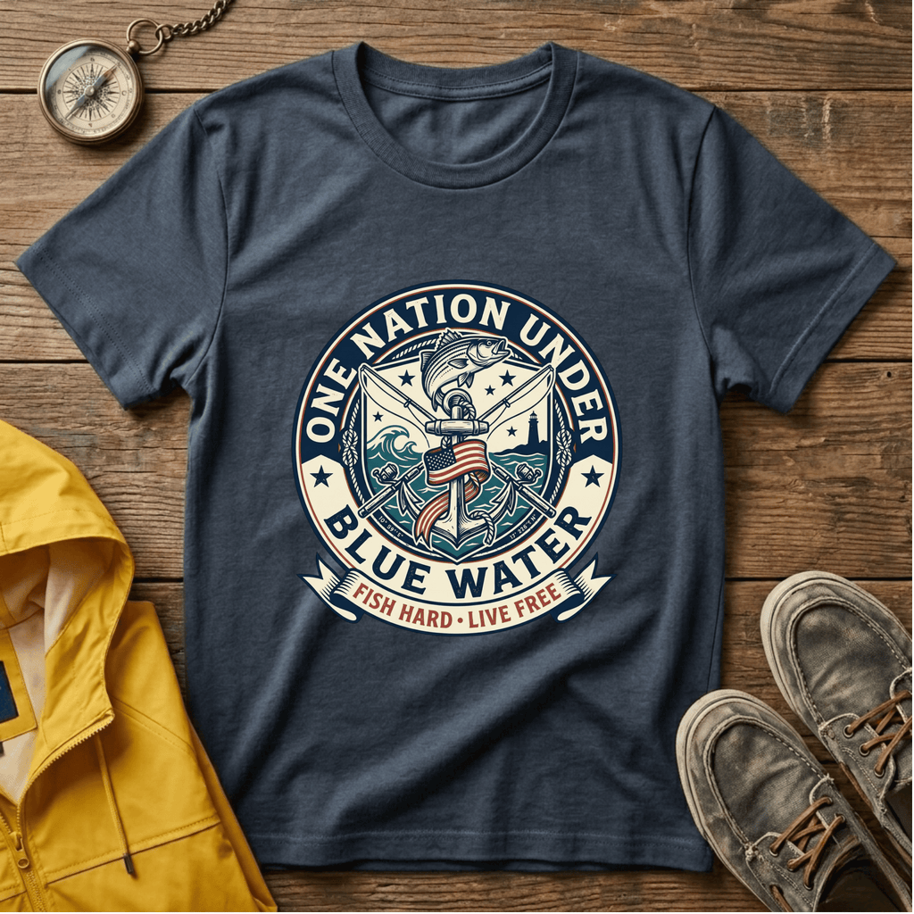 Fishing T‑Shirt — "One Nation Under Blue Water" Patriotic Angler Tee