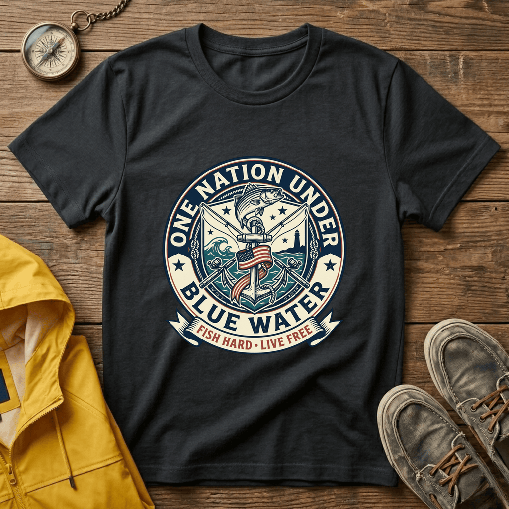 Fishing T‑Shirt — "One Nation Under Blue Water" Patriotic Angler Tee