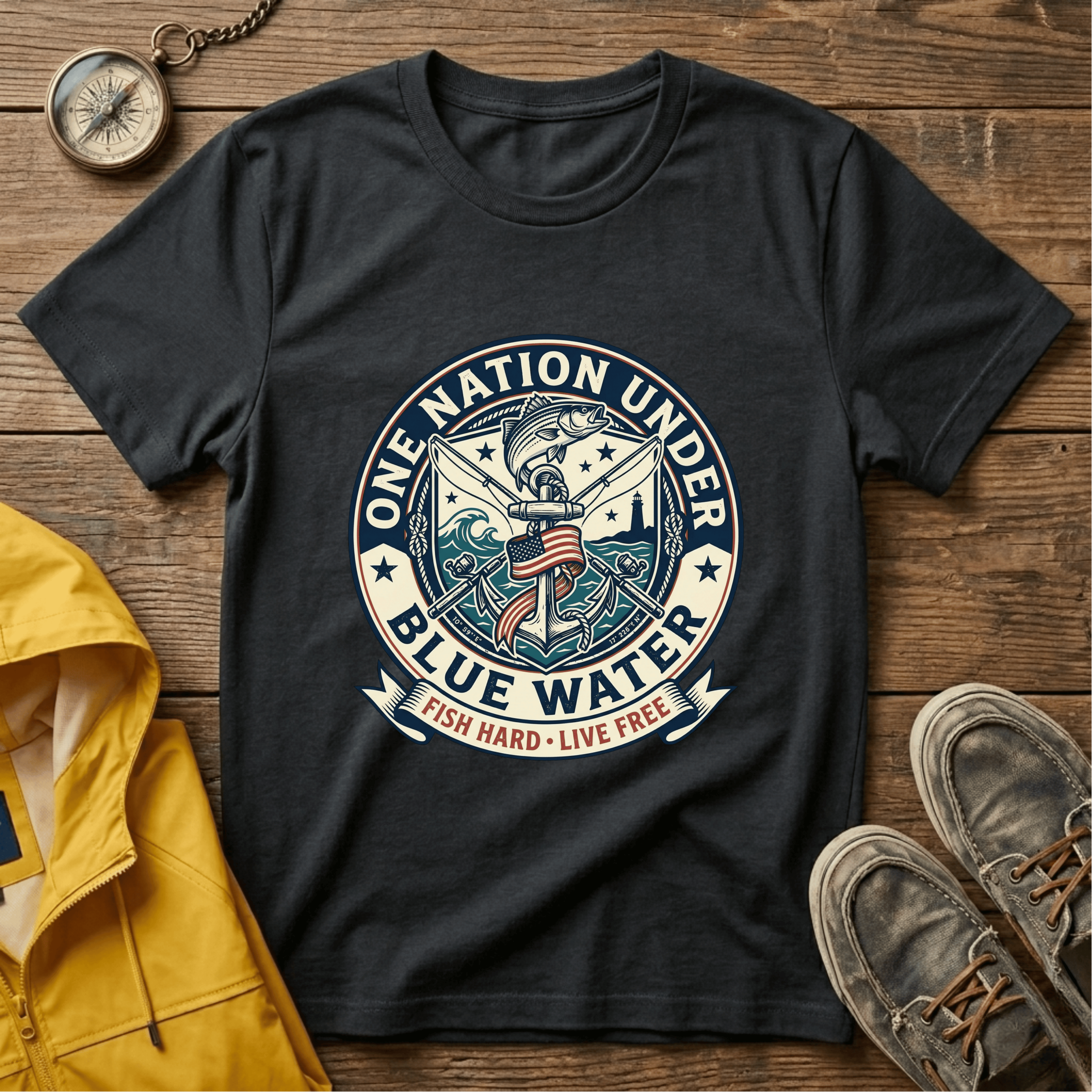 Fishing T‑Shirt — "One Nation Under Blue Water" Patriotic Angler Tee