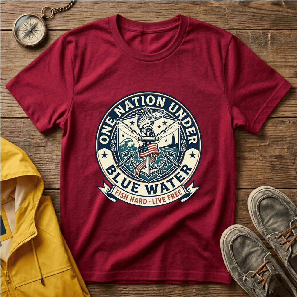 Fishing T‑Shirt — "One Nation Under Blue Water" Patriotic Angler Tee