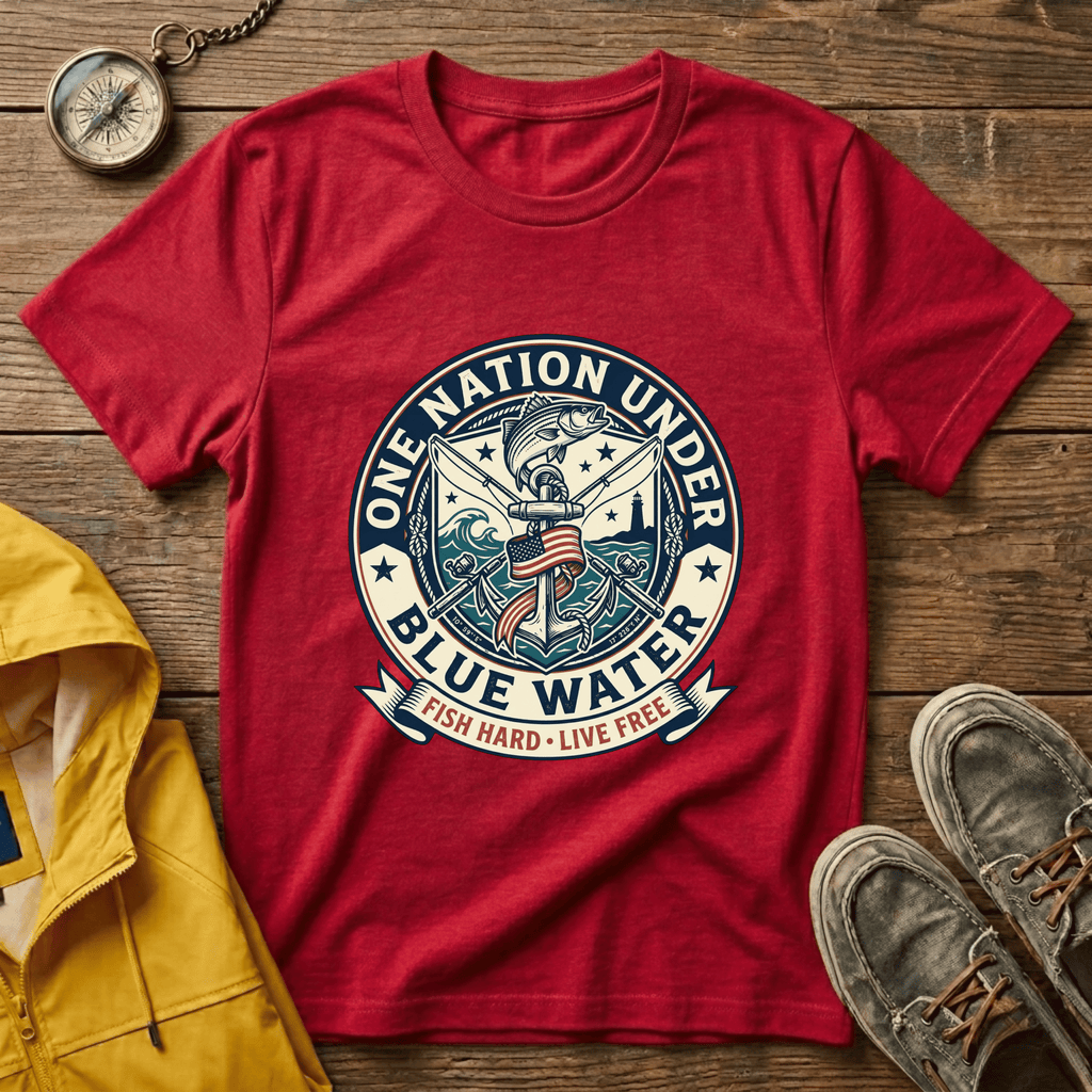 Fishing T‑Shirt — "One Nation Under Blue Water" Patriotic Angler Tee