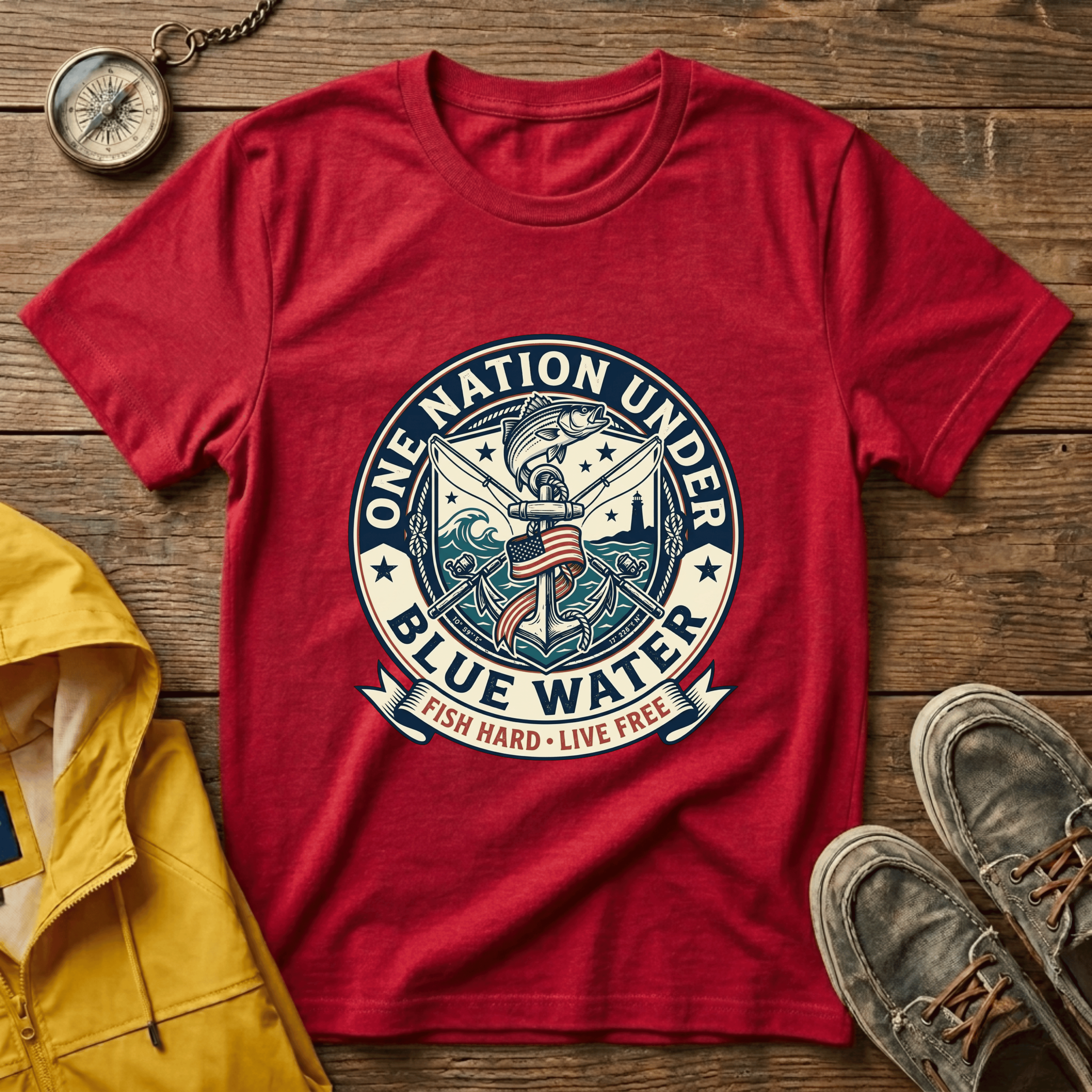Fishing T‑Shirt — "One Nation Under Blue Water" Patriotic Angler Tee