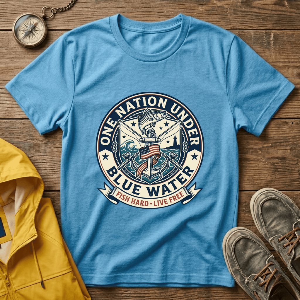 Fishing T‑Shirt — "One Nation Under Blue Water" Patriotic Angler Tee
