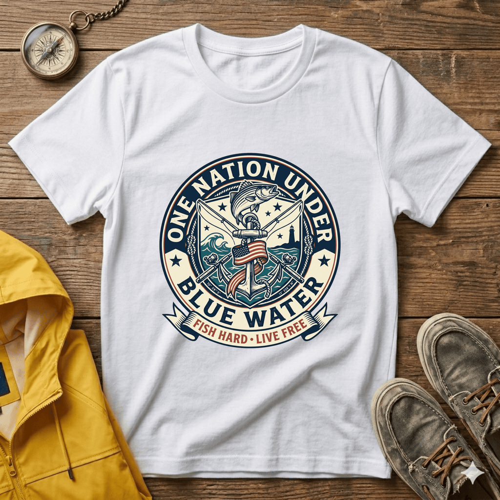 Fishing T‑Shirt — "One Nation Under Blue Water" Patriotic Angler Tee
