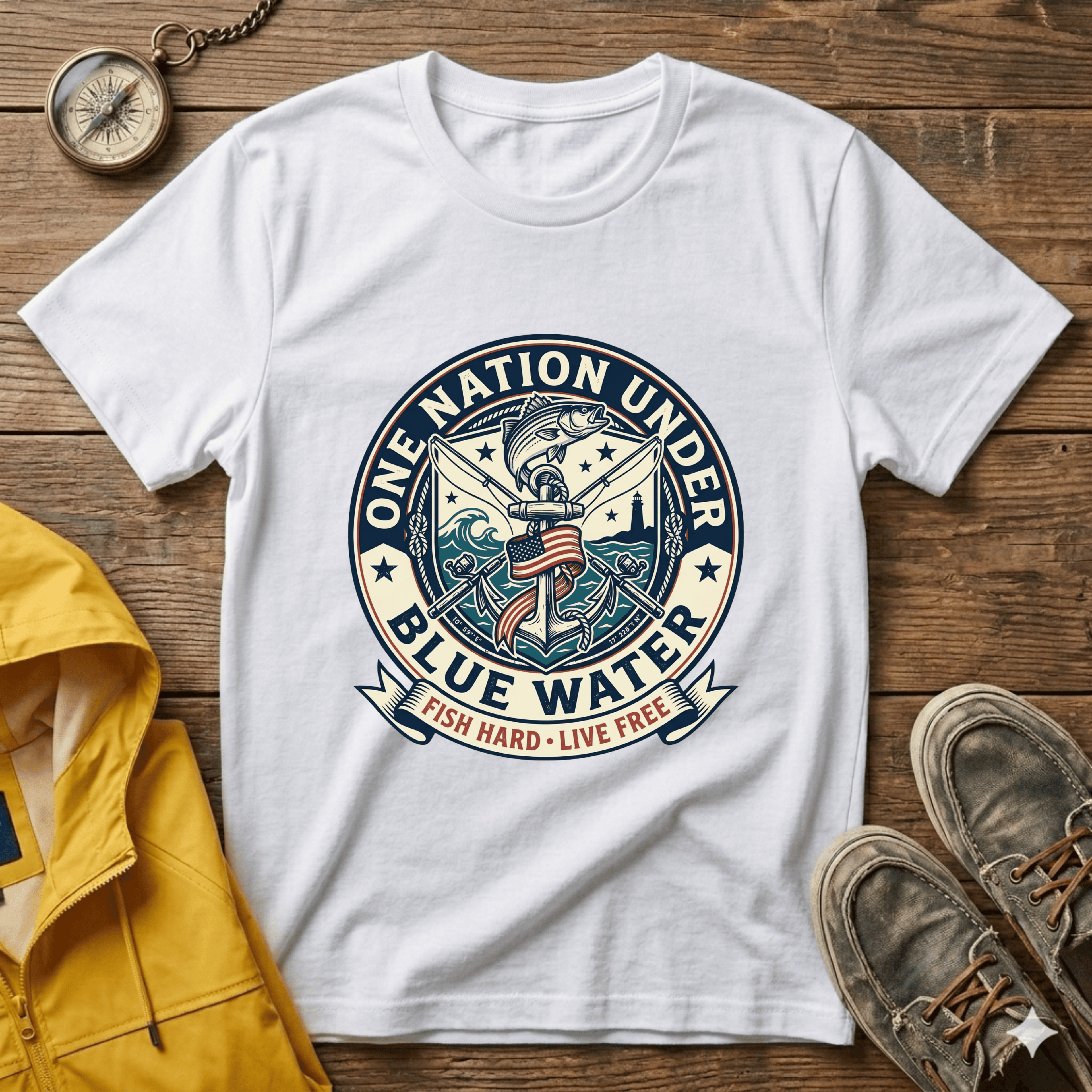 Fishing T‑Shirt — "One Nation Under Blue Water" Patriotic Angler Tee