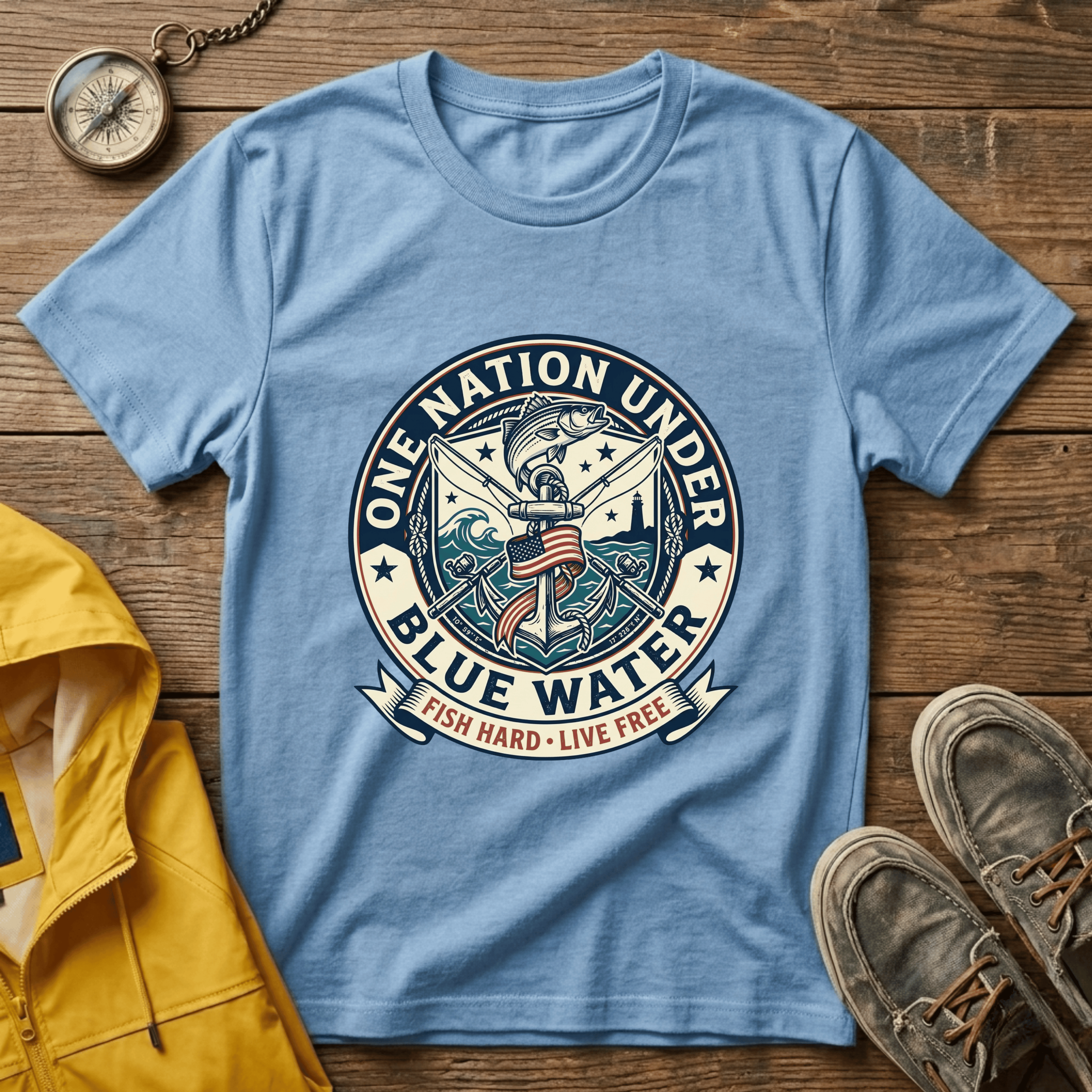 Fishing T‑Shirt — "One Nation Under Blue Water" Patriotic Angler Tee