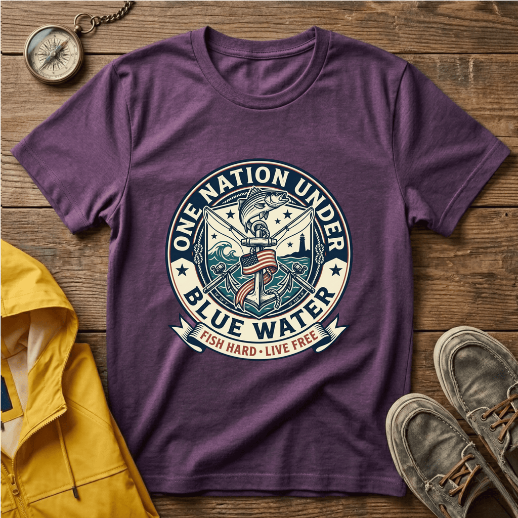 Fishing T‑Shirt — "One Nation Under Blue Water" Patriotic Angler Tee