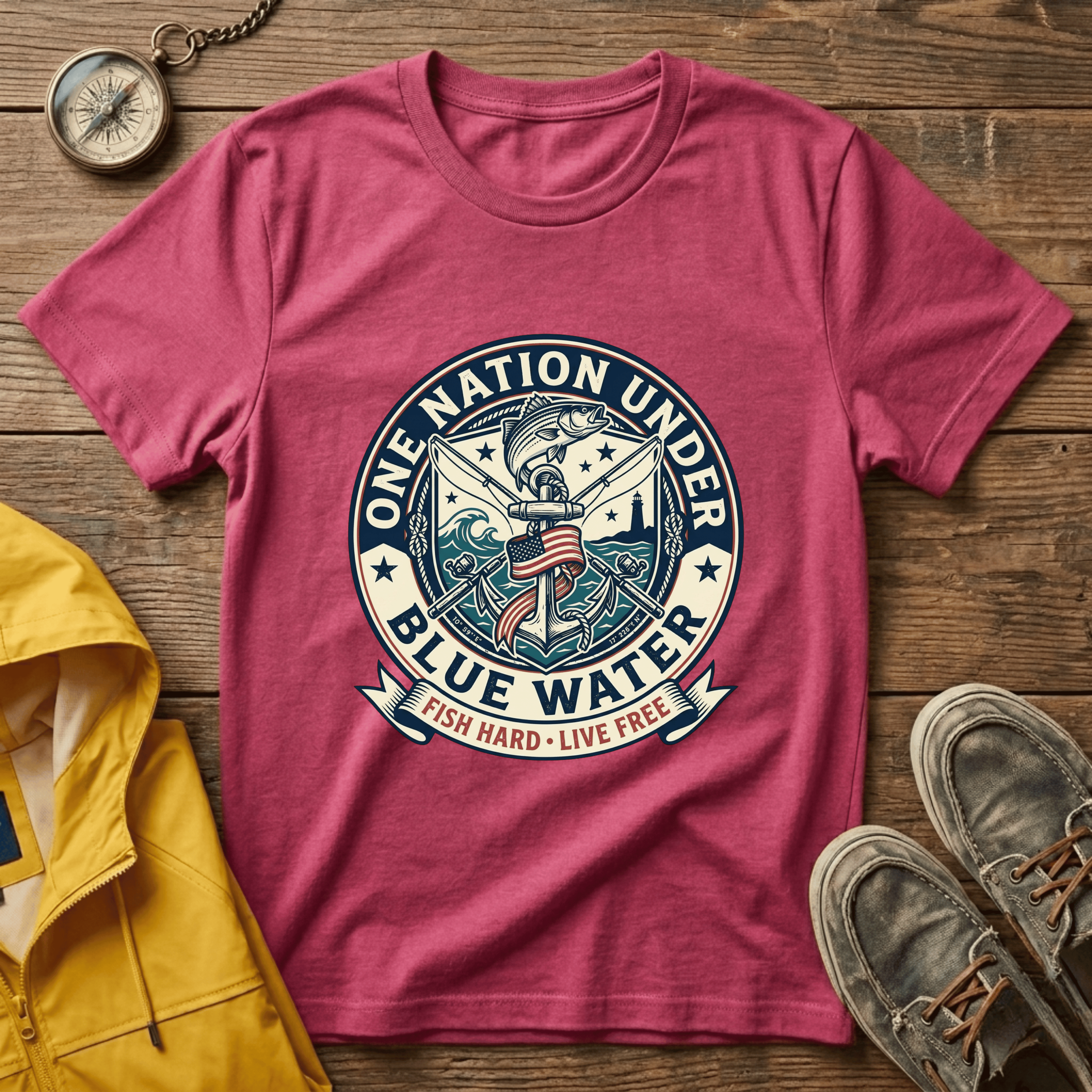 Fishing T‑Shirt — "One Nation Under Blue Water" Patriotic Angler Tee