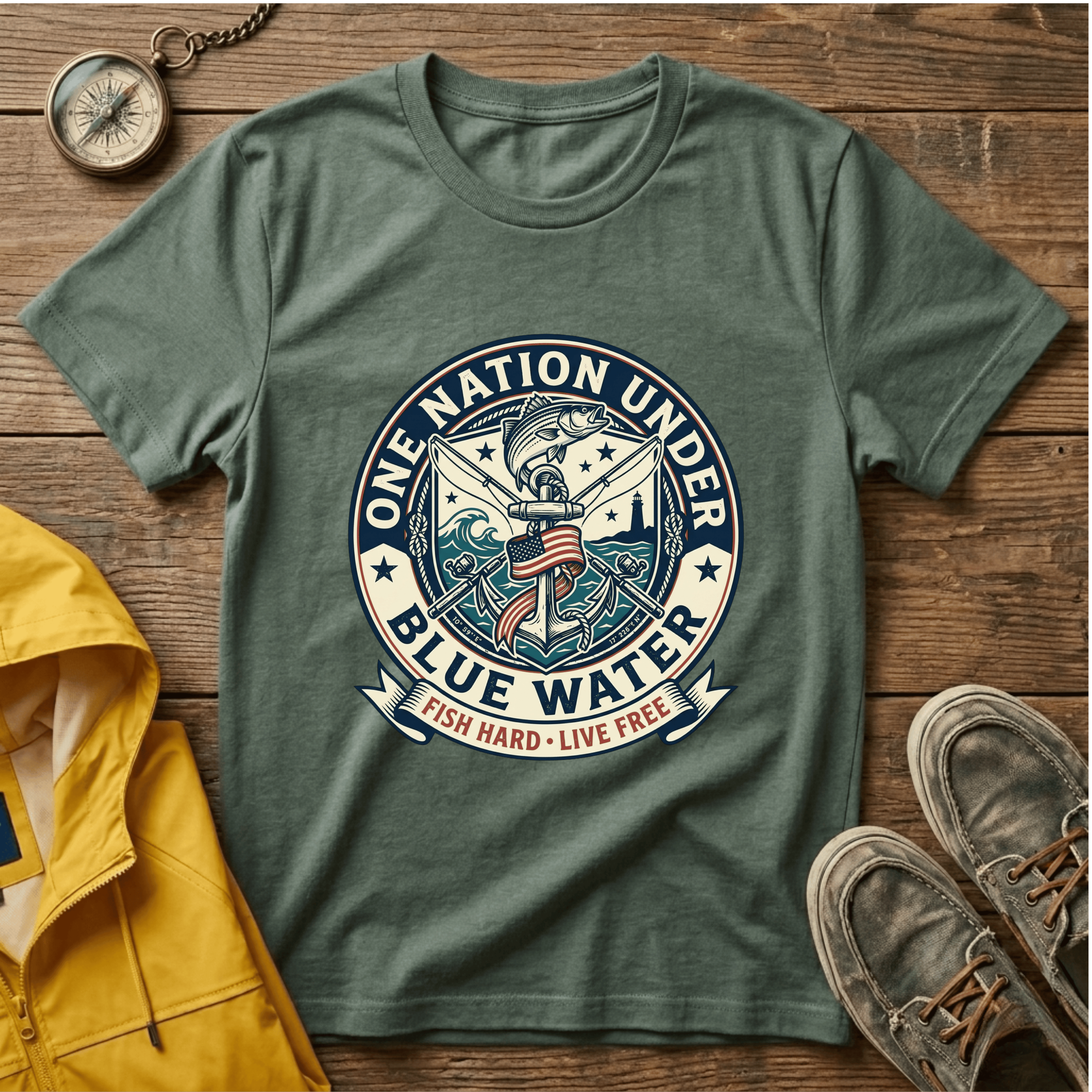 Fishing T‑Shirt — "One Nation Under Blue Water" Patriotic Angler Tee