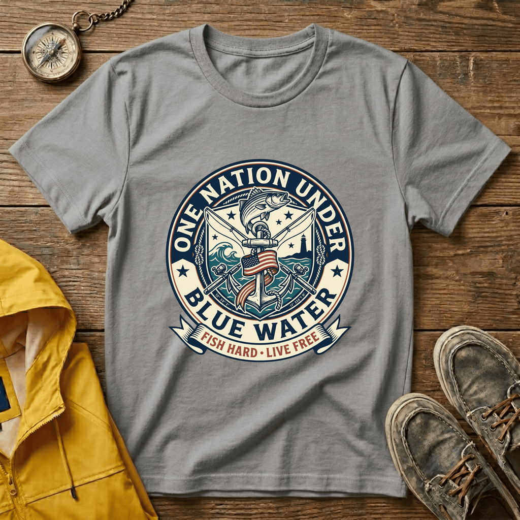 Fishing T‑Shirt — "One Nation Under Blue Water" Patriotic Angler Tee