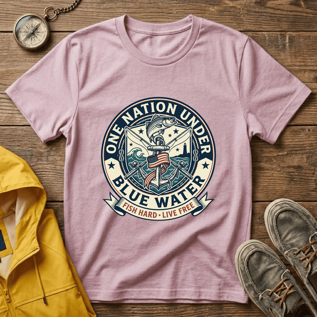 Fishing T‑Shirt — "One Nation Under Blue Water" Patriotic Angler Tee