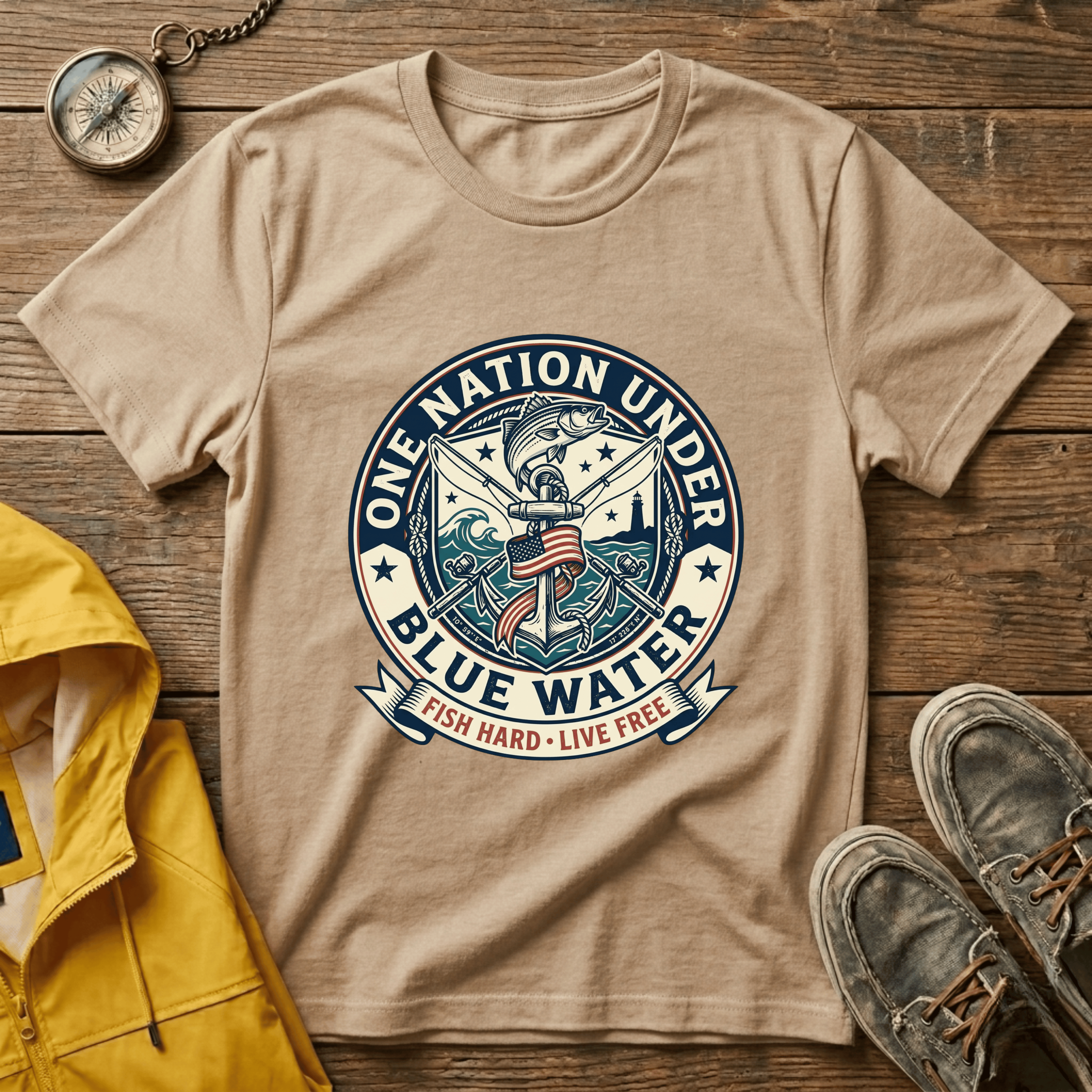 Fishing T‑Shirt — "One Nation Under Blue Water" Patriotic Angler Tee