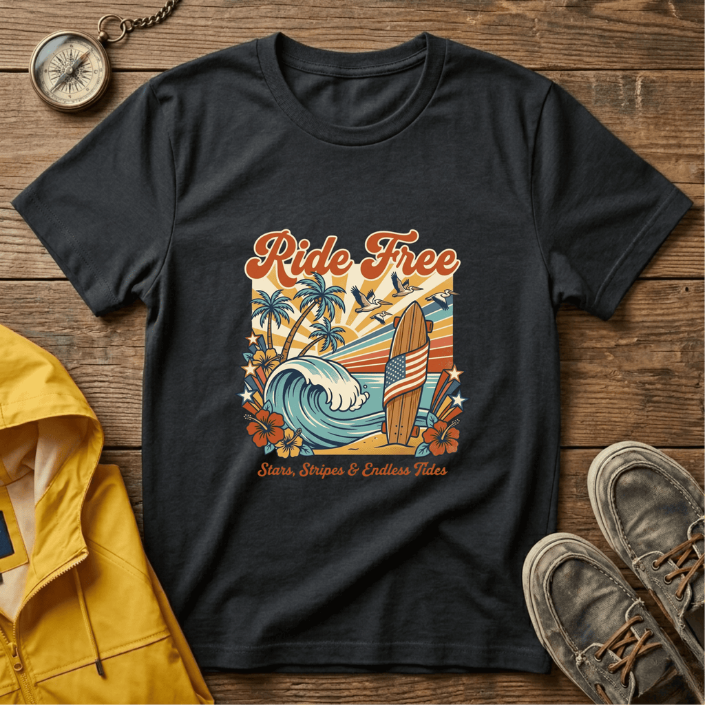 Ride Free Surf T-Shirt — Vintage Beach Palm Tree Graphic