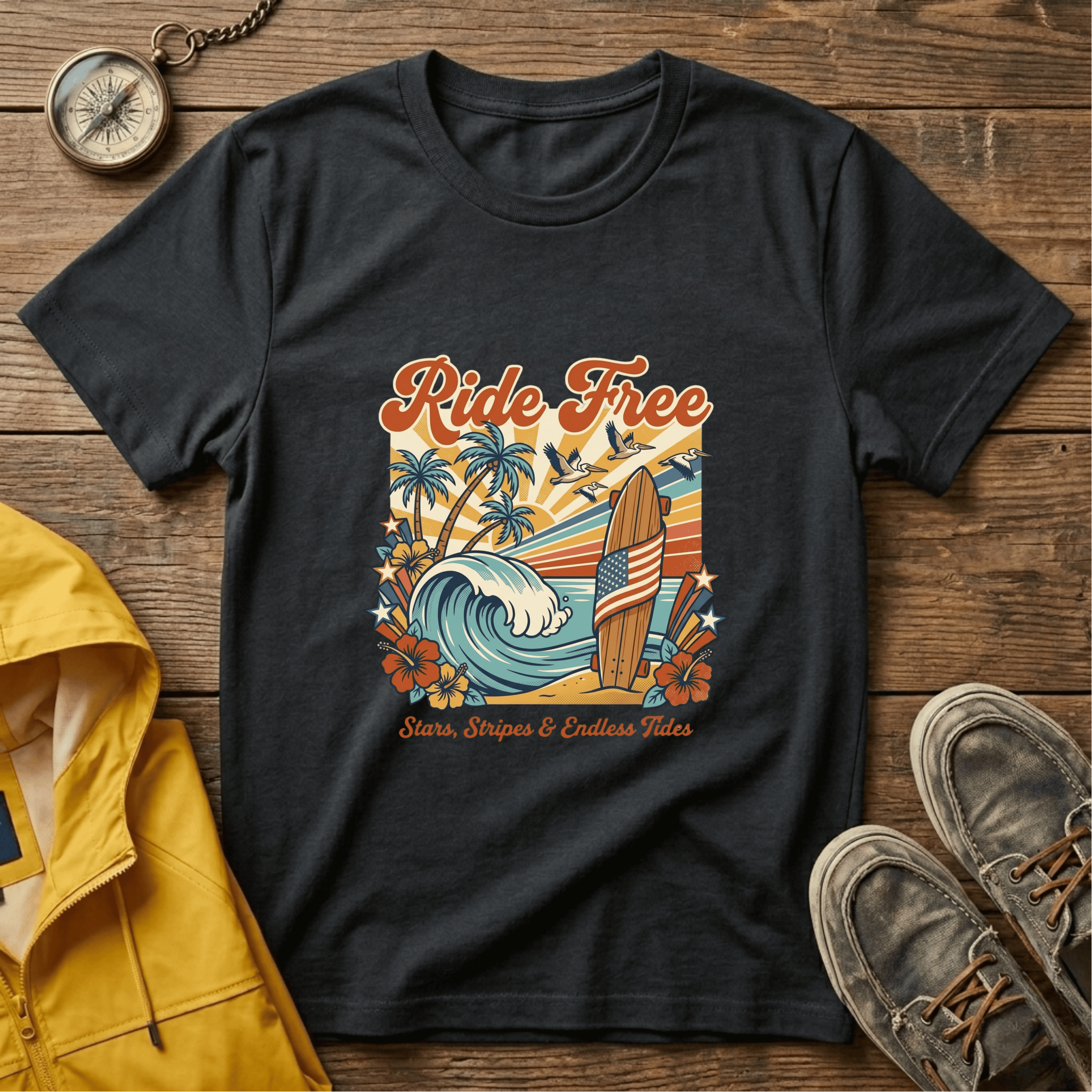 Ride Free Surf T-Shirt — Vintage Beach Palm Tree Graphic