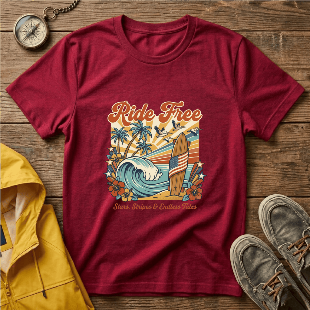 Ride Free Surf T-Shirt — Vintage Beach Palm Tree Graphic